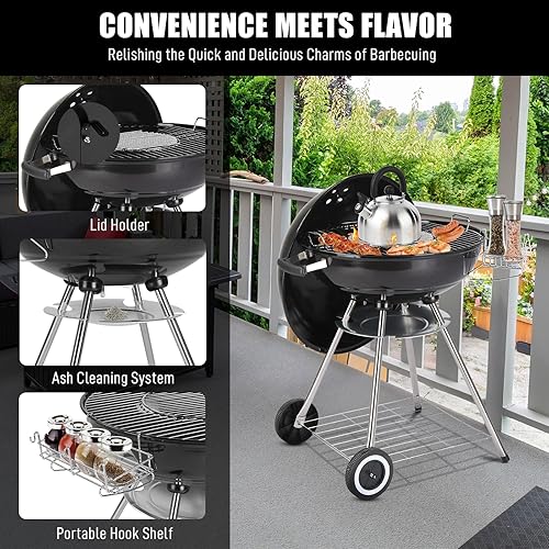 Miniatura 3 de Outvita Parrilla de carbón, carbón de barbacoa de acero inoxidable de 22 pulgadas con ruedas y soporte de almacenamiento para camping, picnic,