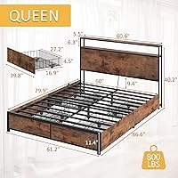 Vista 2 de Lifezone Queen Bed Frame with 2-Tier Storage Headboard, Metal Platform Bed Frame with 4 Storage Drawers, Built in Charging Station & LED, Marrón