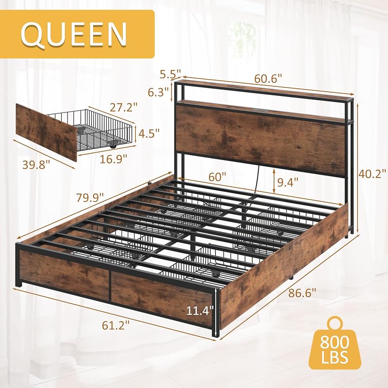 Lifezone Queen Bed Frame with 2-Tier Storage Headboard, Metal Platform Bed Frame with 4 Storage Drawers, Built in Charging Station & LED, Noise-Free/Metal Support/No Box Spring Needed, Vintage Brown image 2