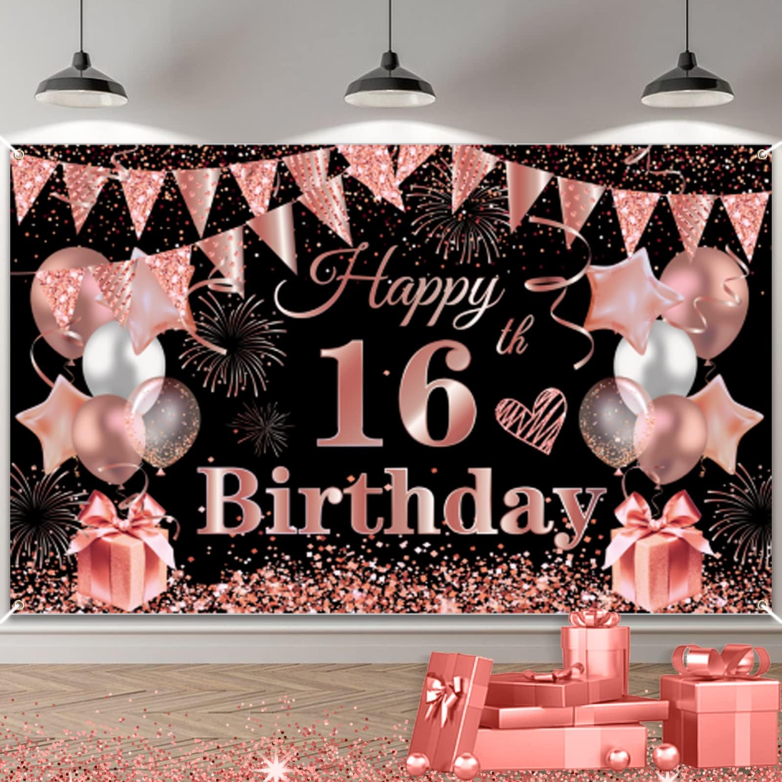 16th Black Rosegold Birthday Banner, Large Sixteen Birthday Banner Background for Girls Photo Booth Sign Decoration