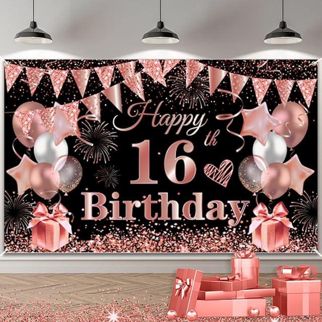 TUTUXMA 16th Birthday Party Decorations, 16th Black Rosegold Birthday Backdrop Banner Photo Booth Sign Decoration, Large Sixteen Birthday Banner Background for Girls 16th Birthday Party Supplies