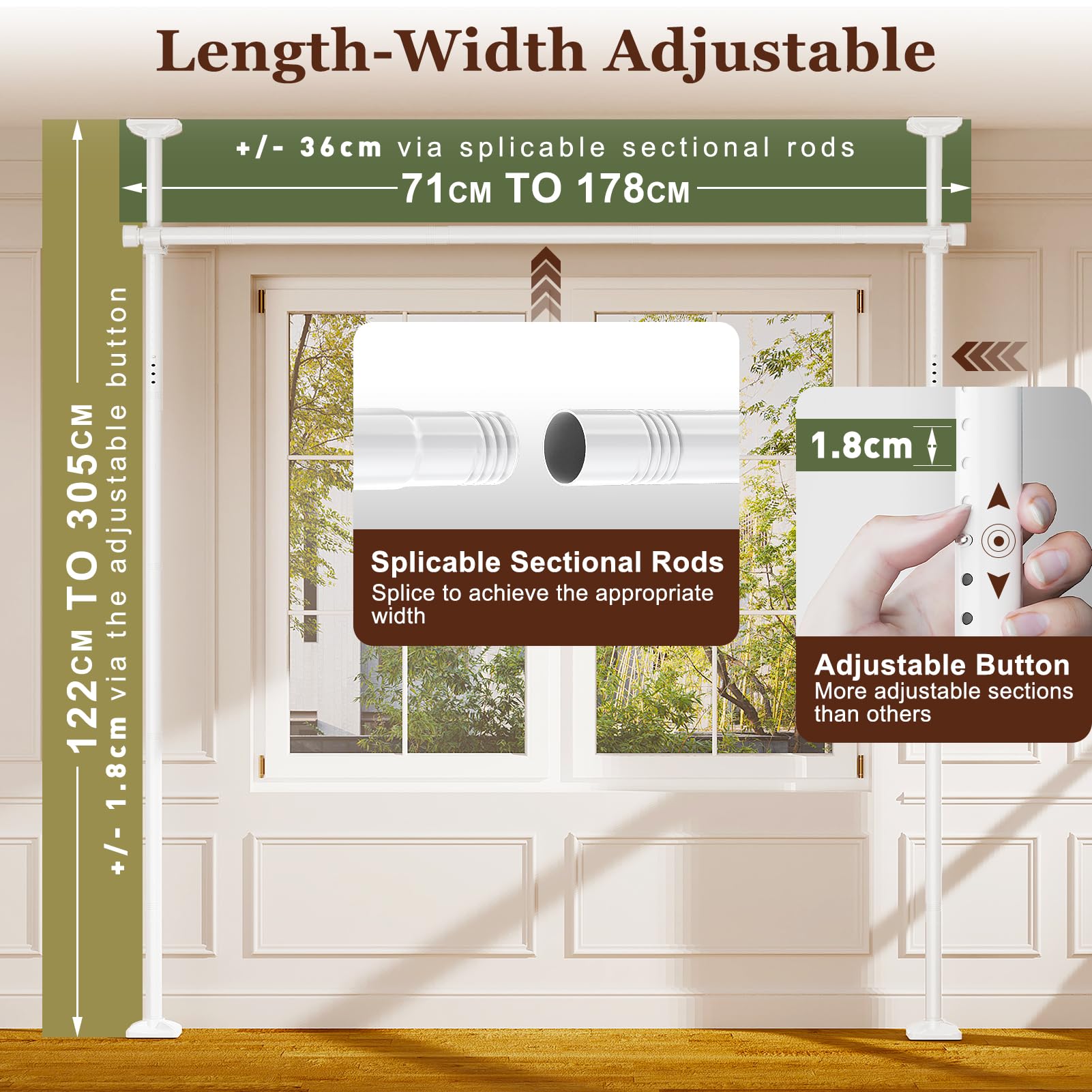Yeabett Raumteiler-Stange – Raumtrennsystem ohne Bohren 122-305 cm (H) × 70-177 cm (B) verstellbar, robuste freistehende Raumteilwand zur Raumunterteilung, weiß