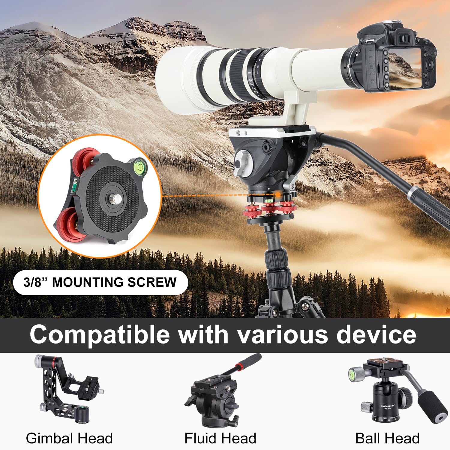 Koolehaoda Leveler Leveling Base z poziomicą i śrubą 3/8", 3 pokrętła z precyzyjną regulacją +/-5 stopni, konstrukcja ze stopu aluminium do statywu fotograficznego