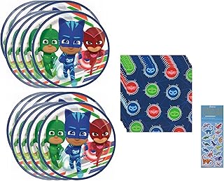 Unique PJ Masks Birthday Party Supplies Bundle Pack includes 16 Dessert Cake Plates, 16 Napkins