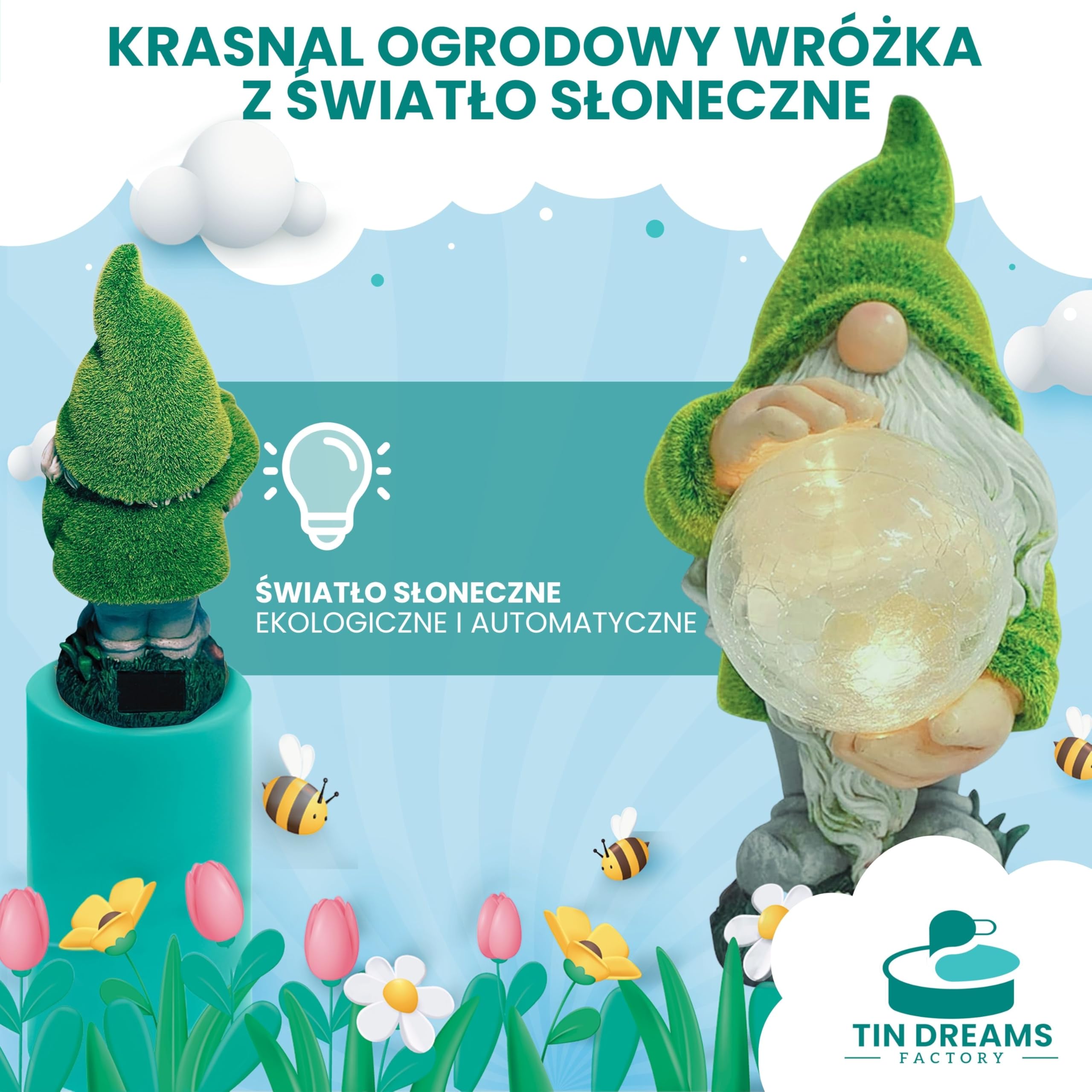 Krasnal ogrodowy Wróżka z światłem solarnym – dekoracyjna figurka ogrodowa z żywicy – krasnal zewnętrzny z podświetlaną bańką LED – zabawna ozdoba do ogrodu, na patio i taras