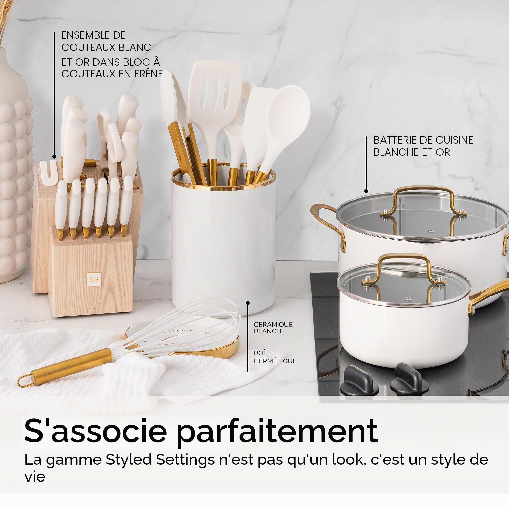 Lot de 6 ustensiles de cuisine dorés en silicone blanc et doré avec spatule, fouet, pince, cuillères, ustensiles de cuisine antiadhésifs - Accessoires de cuisine de luxe pour chefs à domicile