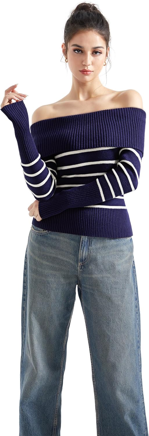 SUUKSESS Women Off Shoulder Sweaters Long Sleeve Ribbed Knit Going Out Fall Tops Blouse - Image 2