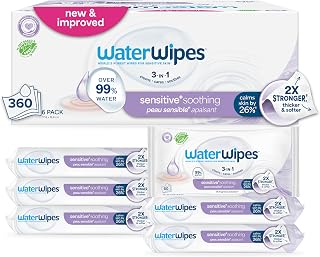 WaterWipes Sensitive+ Soothing Baby Wipes: 99% Purified Water, Unscented Hypoallergenic, 3-in-1 Clean Care Soothe, 360 Ct (6 Packs)