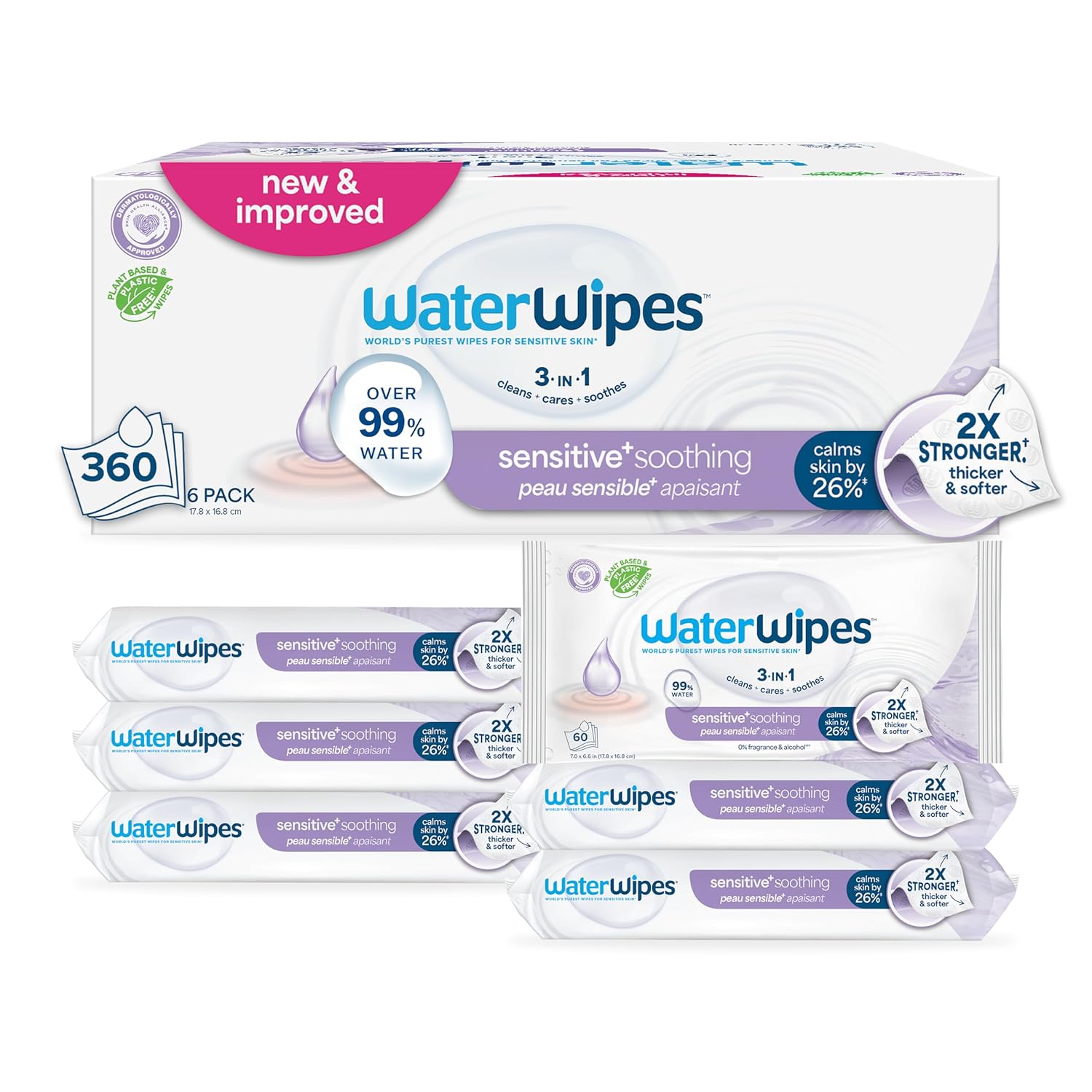 WaterWipes Sensitive+ Soothing Baby Wipes: 99% Purified Water, Unscented Hypoallergenic, 3-in-1 Clean Care Soothe, 360 Ct (6 Packs)