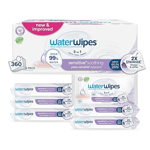 WaterWipes Toallitas calmantes Sensitive+, 3 en 1 limpias, cuidan, calman, 99% de agua con extracto botánico, toallitas para bebés sin perfume e