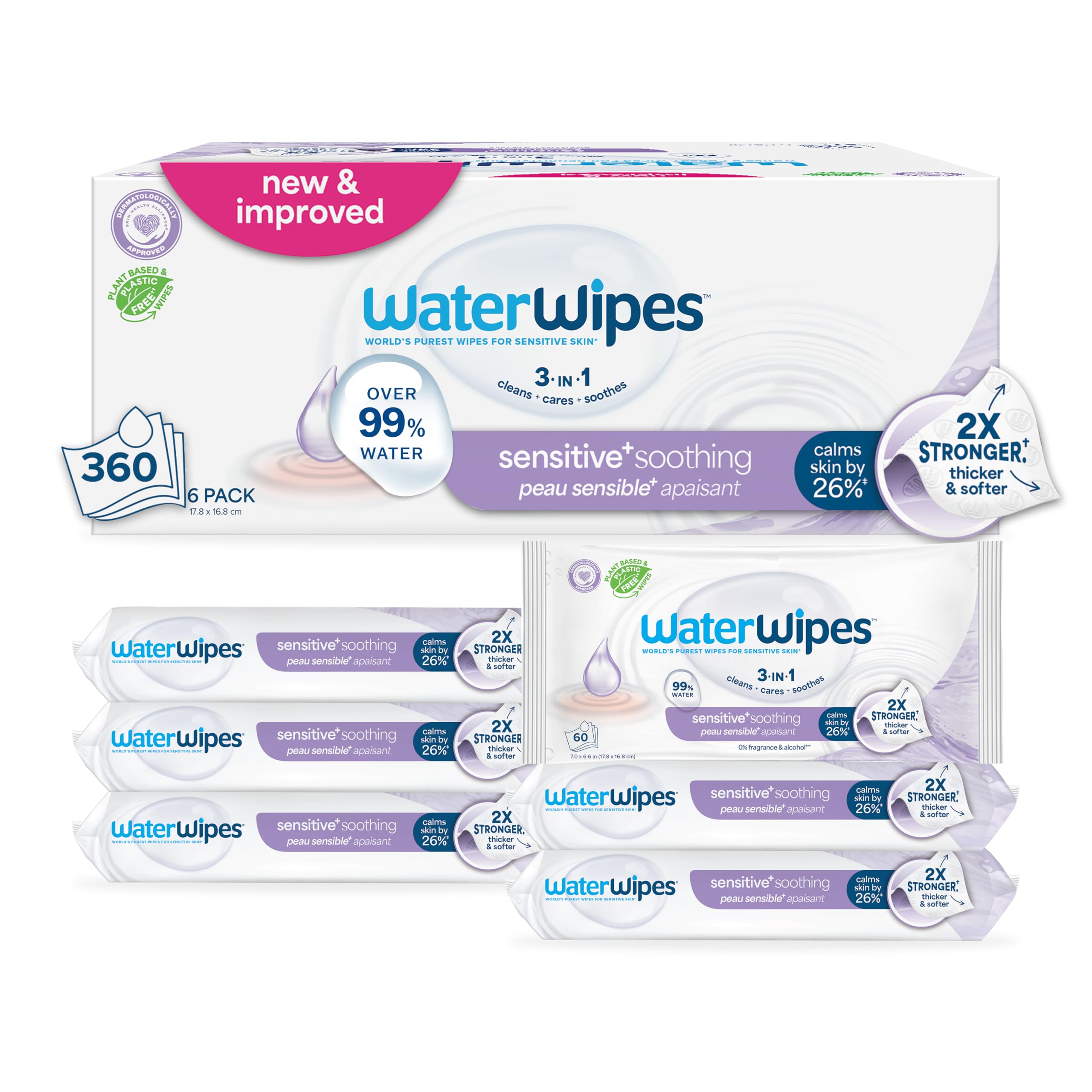Sensitive+ Soothing Wipes, 3-In-1 Cleans, Cares, Soothes, 99% Water with Botanical Extract, Unscented & Hypoallergenic Baby Wipes, 360 Count (6 Packs)