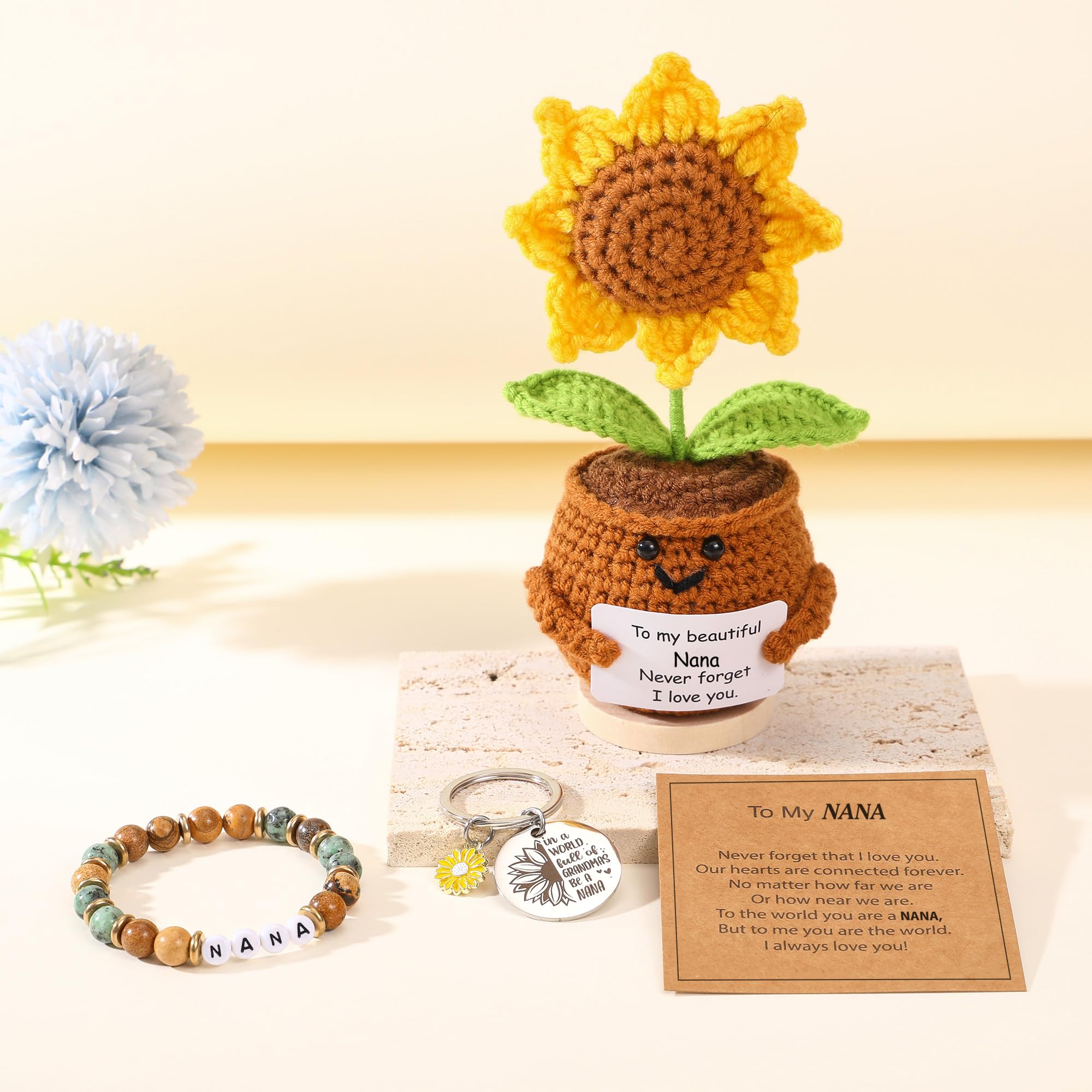 Lamyba Nana Gifts for Christmas or Birthday, Crochet Sunflower Decor with Message Card, Natural Stone Adjustable Nana Bracelet and Keychain Set, Mothers Day Grandma Gifts for Nana Women