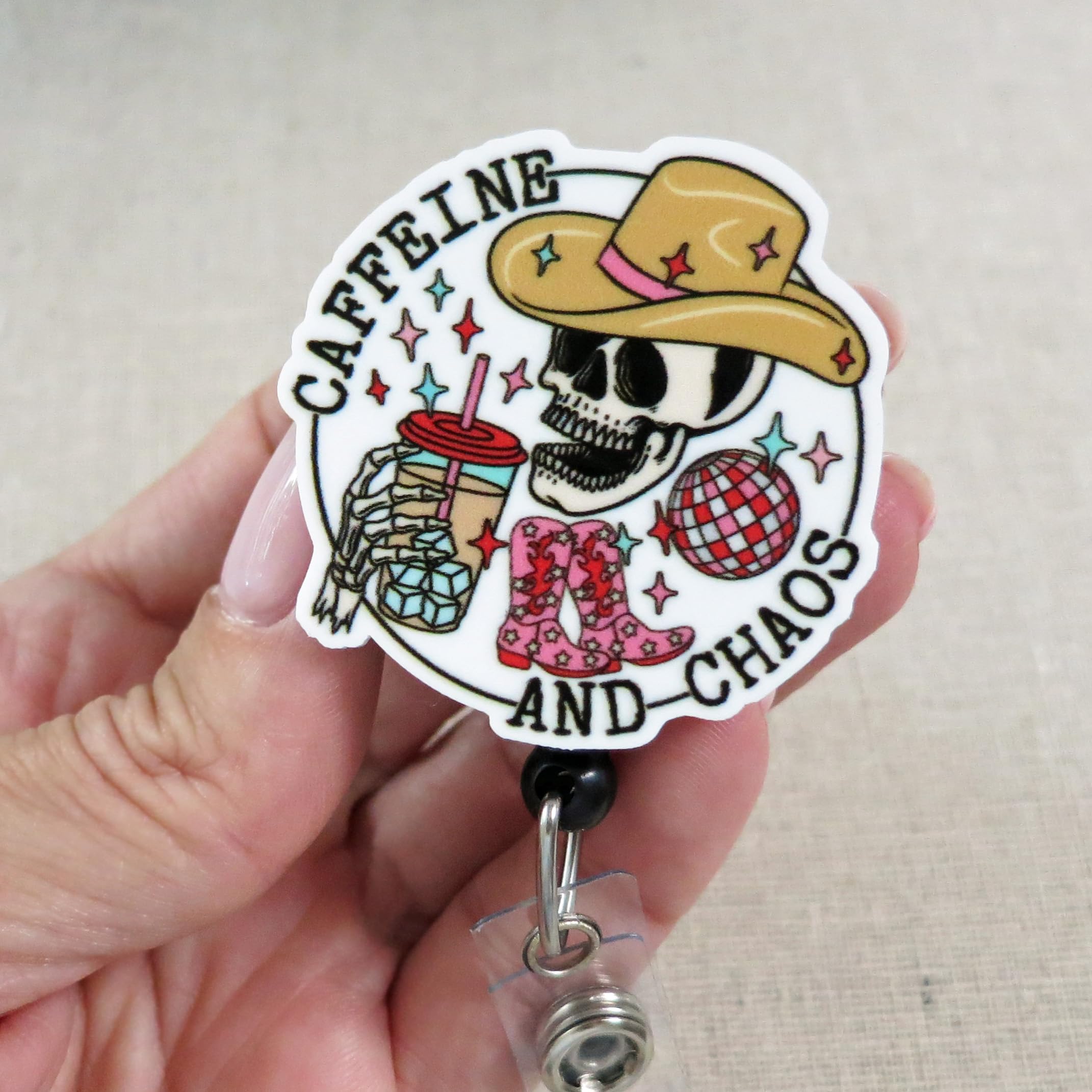 Caffeine And Chaos Badge Reel, Iced Coffee Cowgirl Badge Reel ID Holder, Student Nurse Badge Reel, Teacher Gifts, Iced Coffee Badge Clip, Skeleton Cowboy Badge Holder, Pediatric or Charge Nurse Badge - Image 3