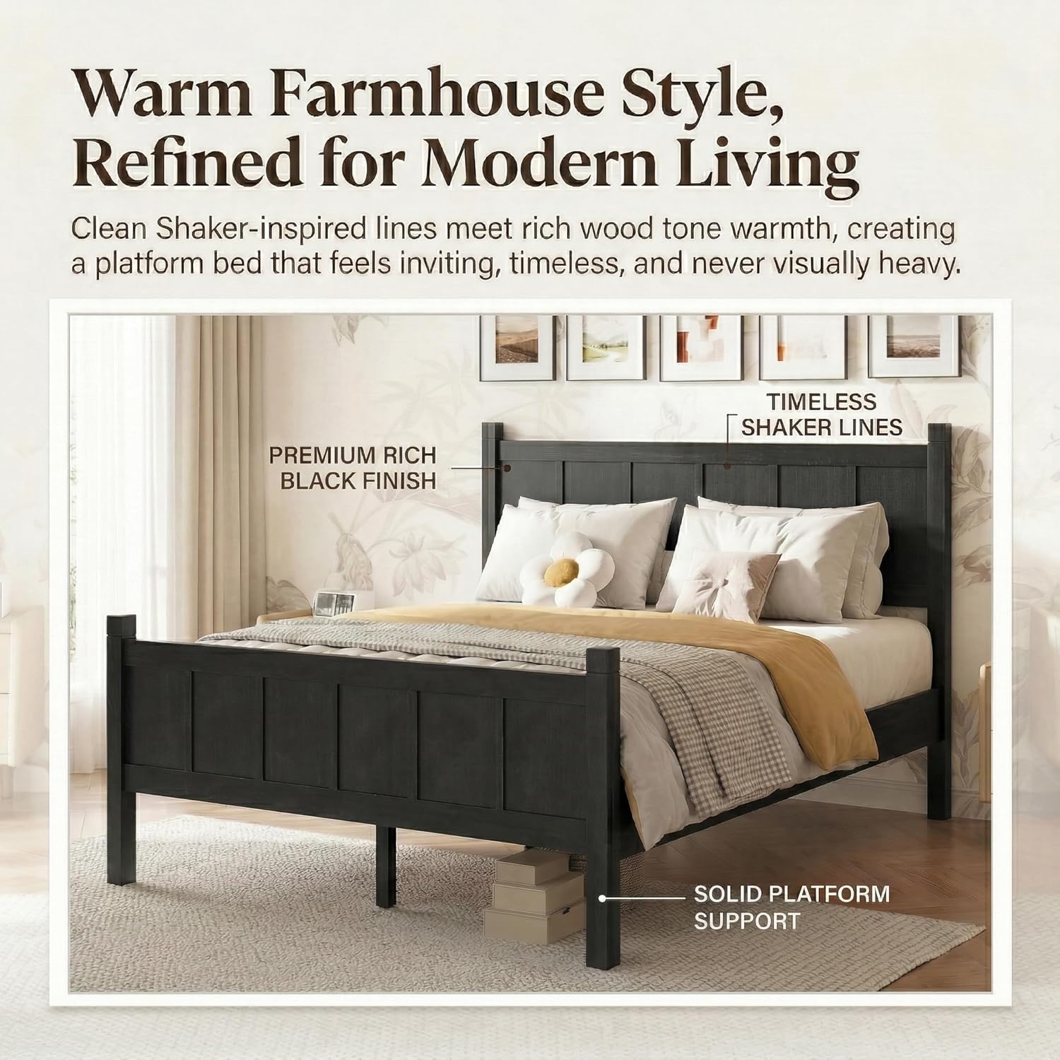 Queen Size Platform Bed Frame with Headboard & Footboard, Modern Farmhouse Wood Grain Flat Panel Bed for Adults, Teens, Small Spaces & Guest Room, No Box Spring Needed, Black