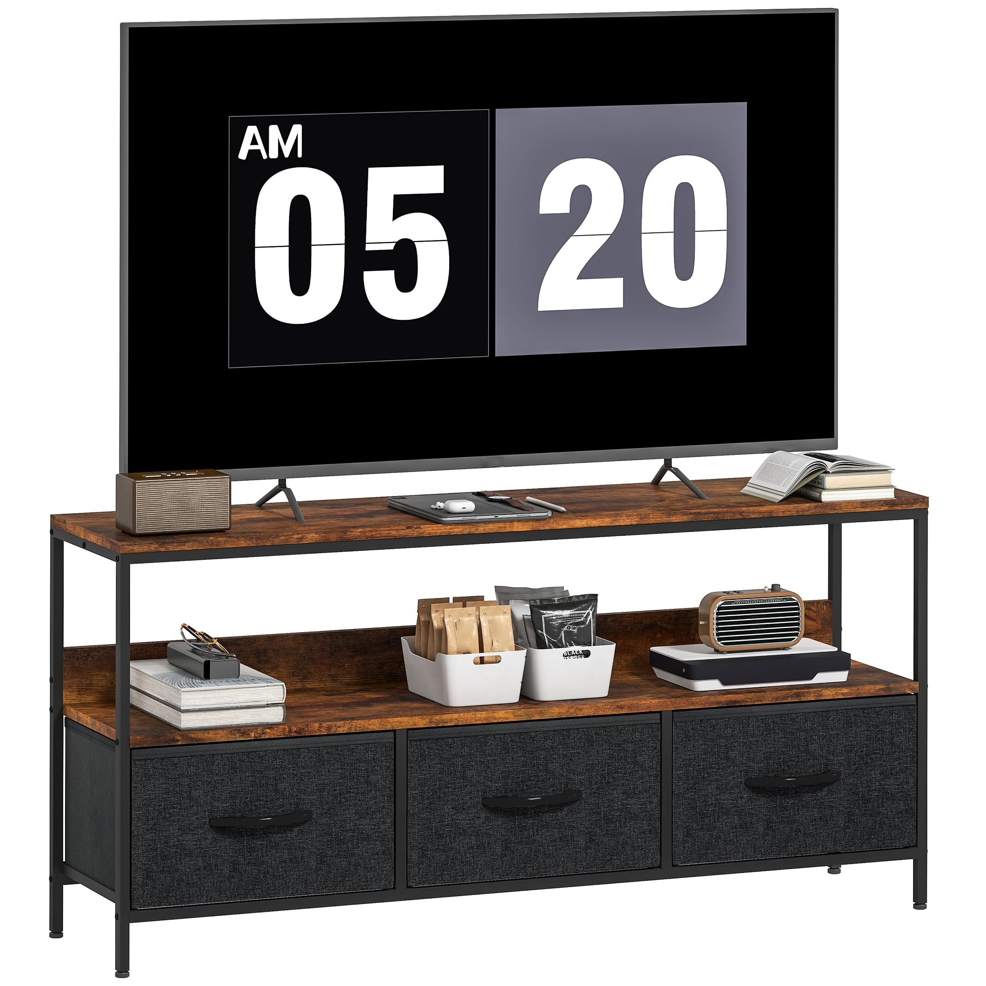HOMCOM TV Stand Cabinet up to 55-inch, TV Unit with 3 Foldable Linen Drawers, Open Shelf for Living Room, Bedroom, Entertainment Room, Rustic Brown