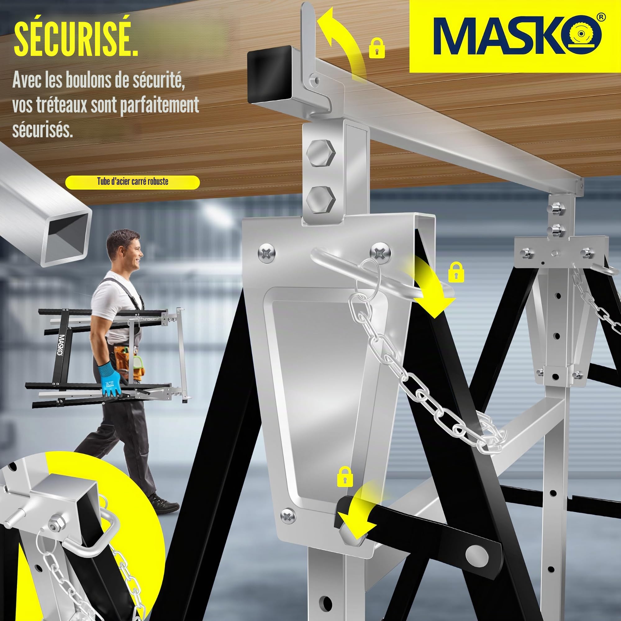 MASKO® Lot de 4 tréteaux de travail télescopiques - Charge maximale : 200 kg - Hauteur de travail min/max : 800-1300 mm - Avec gants - Noir