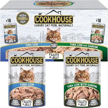 COOKHOUSE 100% Natural & Complete Luxury Wet Cat Food - 36 x 70g Pouches - Tuna Loin/Tuna Loin with Sardine - Fillets in Jelly