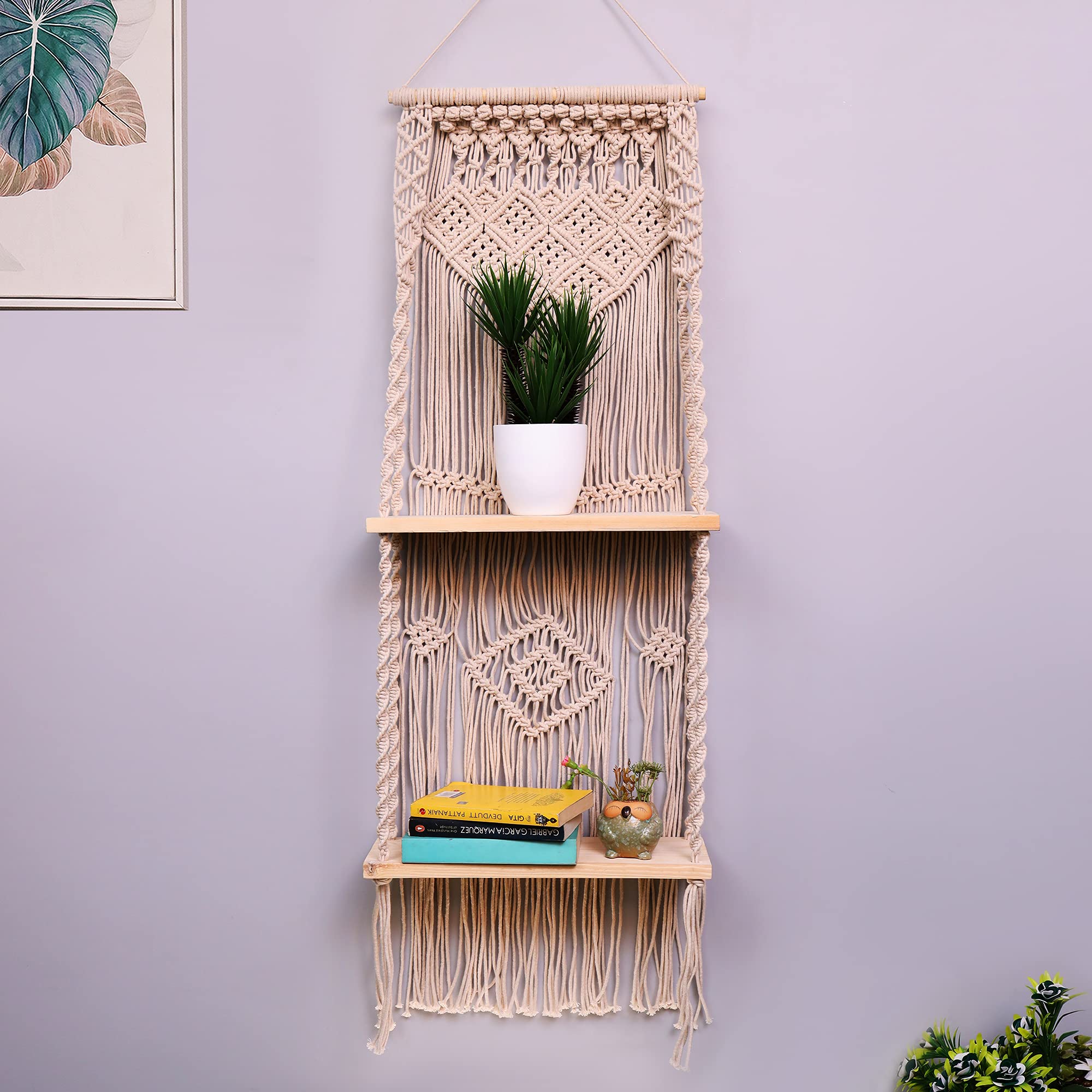 Homesake® Macrame Wall Hanging Shelf Woven Home Decor Wood Floating Storage Shelf Bohemian Handmade Cotton Rope,Living Room, Balcony, Garden, (Tier 2, Natural White) (B0991QYCD8) Amazon Price History, Amazon Price Tracker