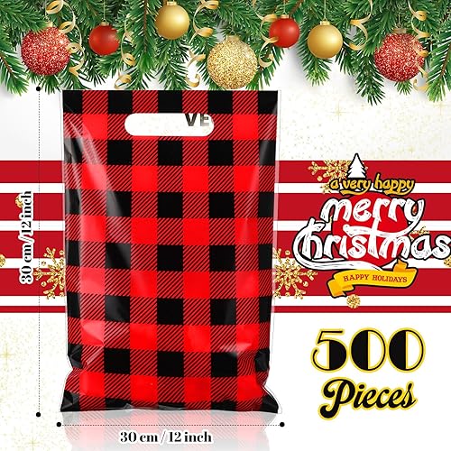 Miniatura 3 de Honoson 500 bolsas de regalo de plástico para Navidad, bolsas de mercancía de Navidad a granel, bolsas de golosinas a cuadros de búfalo, bolsas de