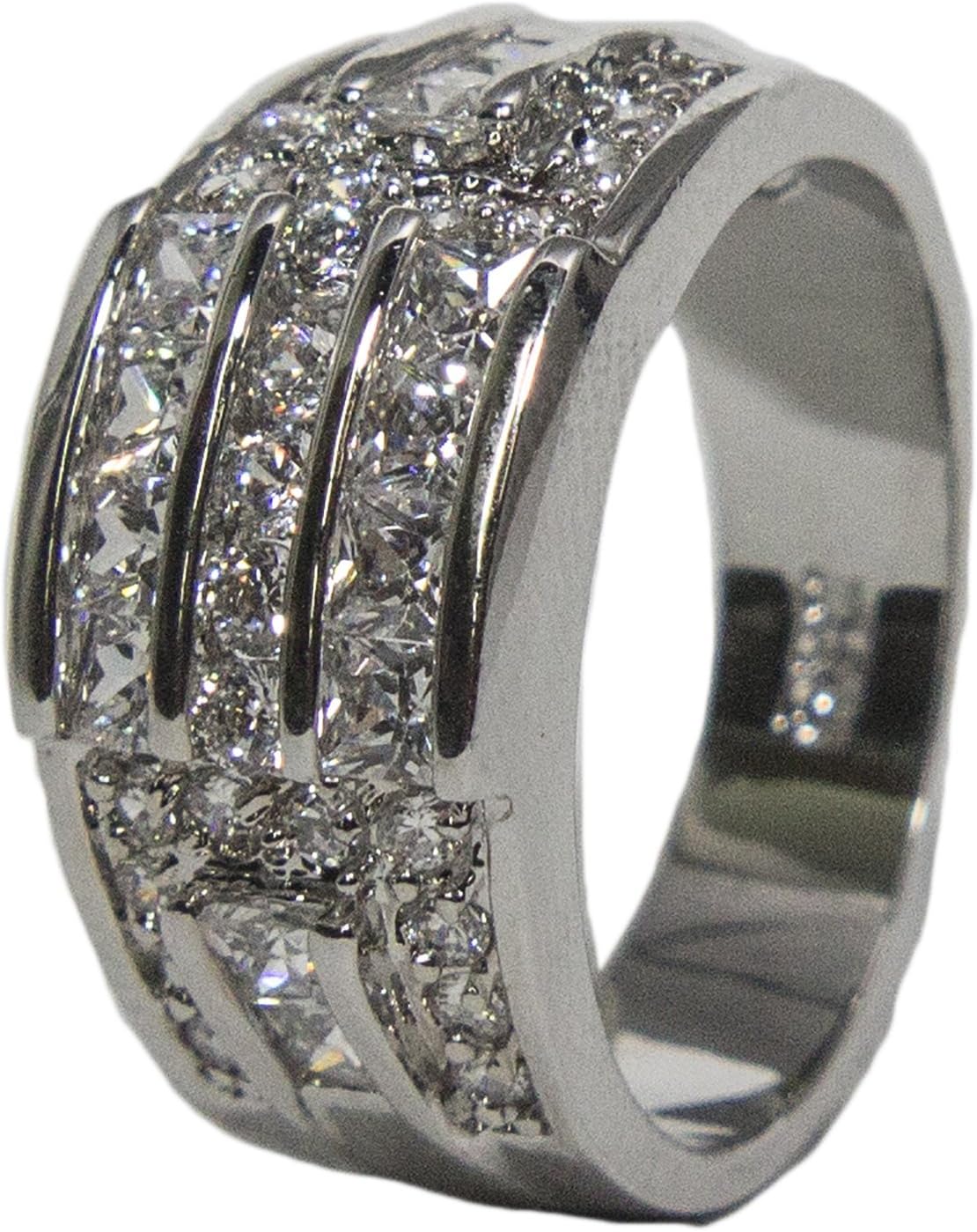 Women's Rhodium Plated Dress Ring Princess and Round Cut CZ 011