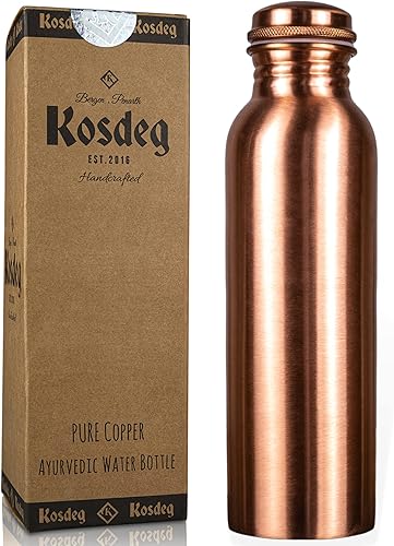 Kosdeg - Botella de agua de cobre 34 onzas 1 litro un recipiente de cobre puro ayurvédico hecho a mano a prueba de fugas para beber Bebe más agua