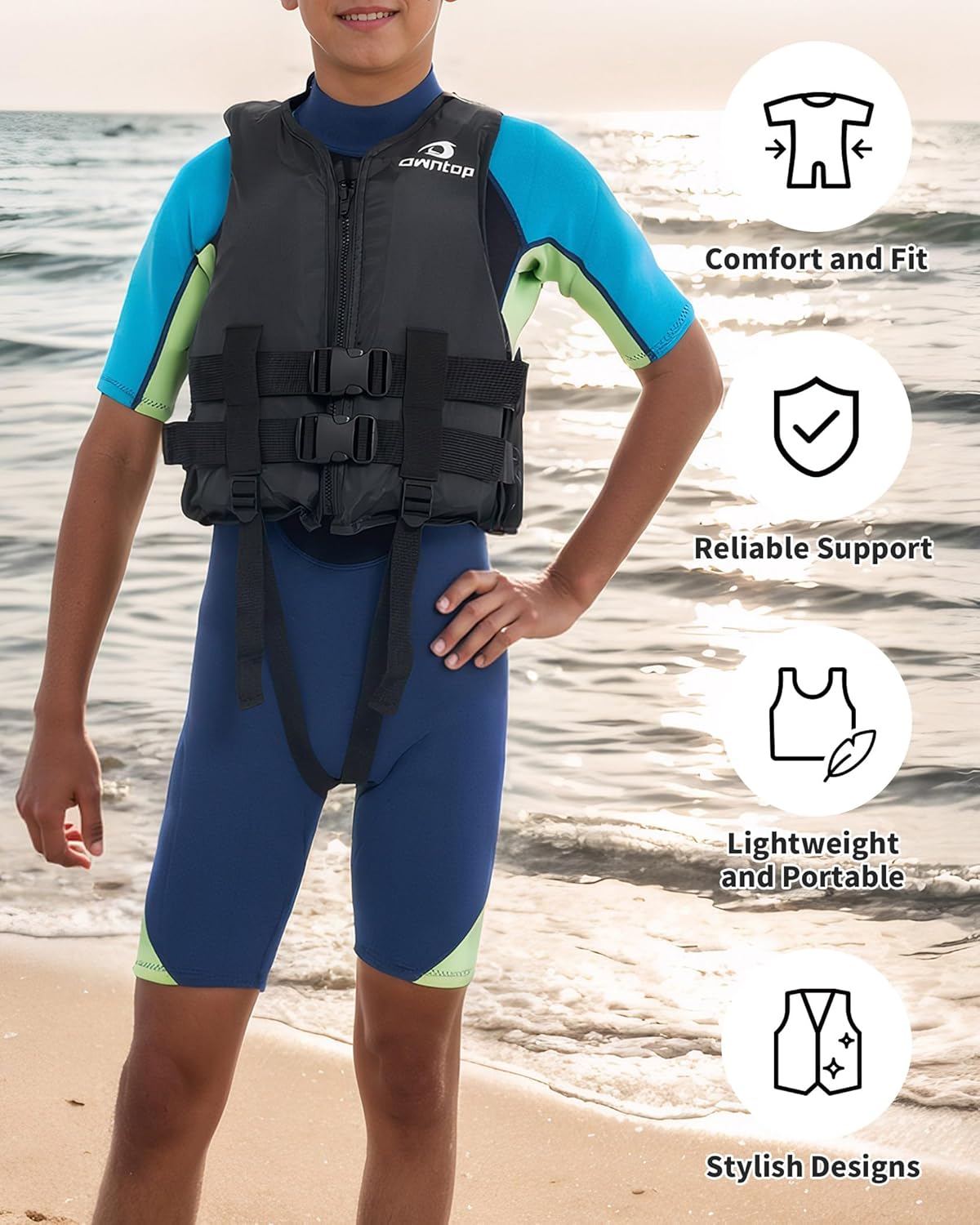 Owntop Kids Swim Vest for Boys & Girls, Youth Swimming Vest 50-90 lbs / 75-125 lbs, Adjustable Swim Training Vest for Children 6-12yrs, Swim Jacket for Pool Beach Lake
