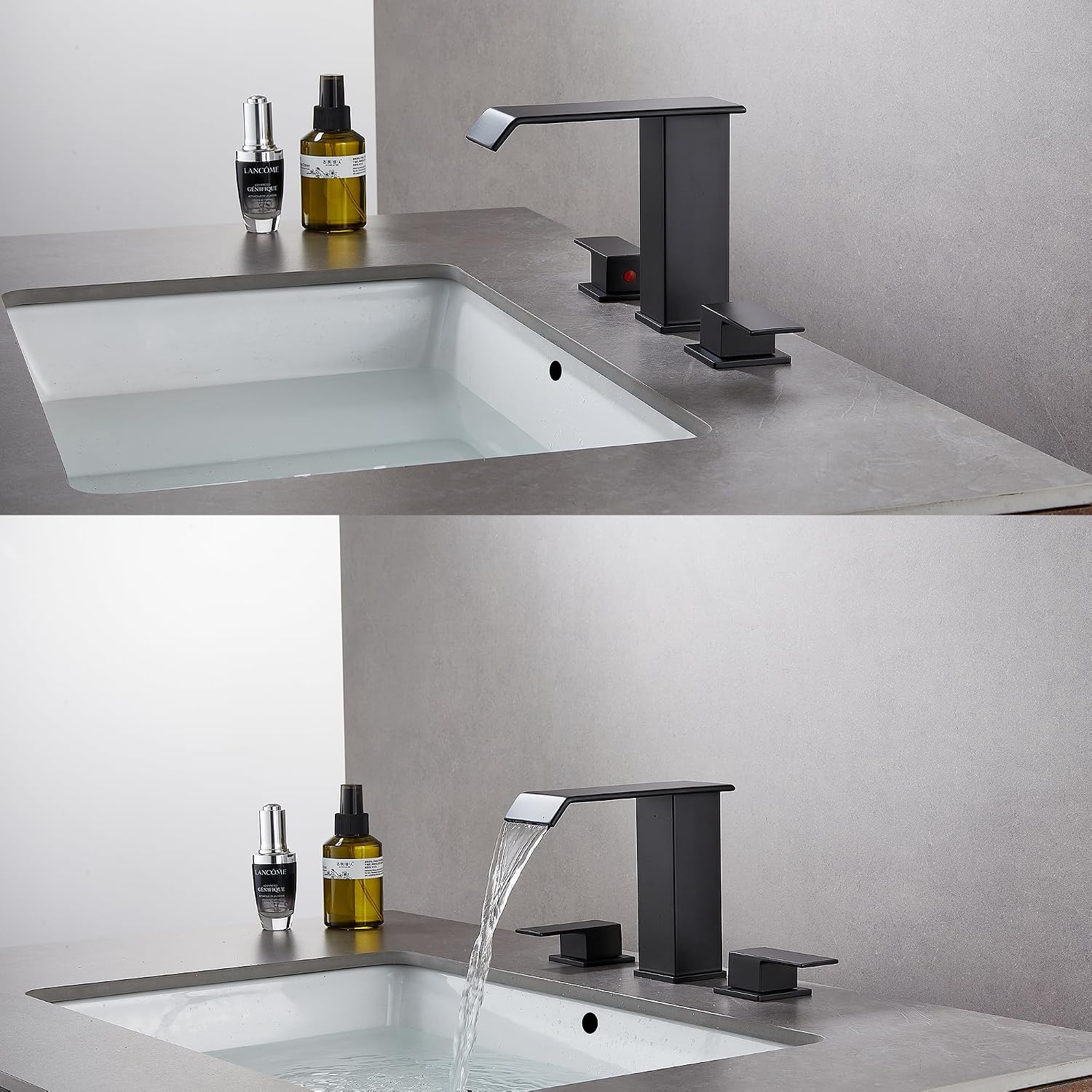Bathroom Faucet 3 Hole Matte Black 8 inch Widespread Bathroom Sink Faucet Waterfall with Pop Up Drain 2 Handle with Water Supply Hoses Modern Vanity Lavatory Basin Faucet Commercial