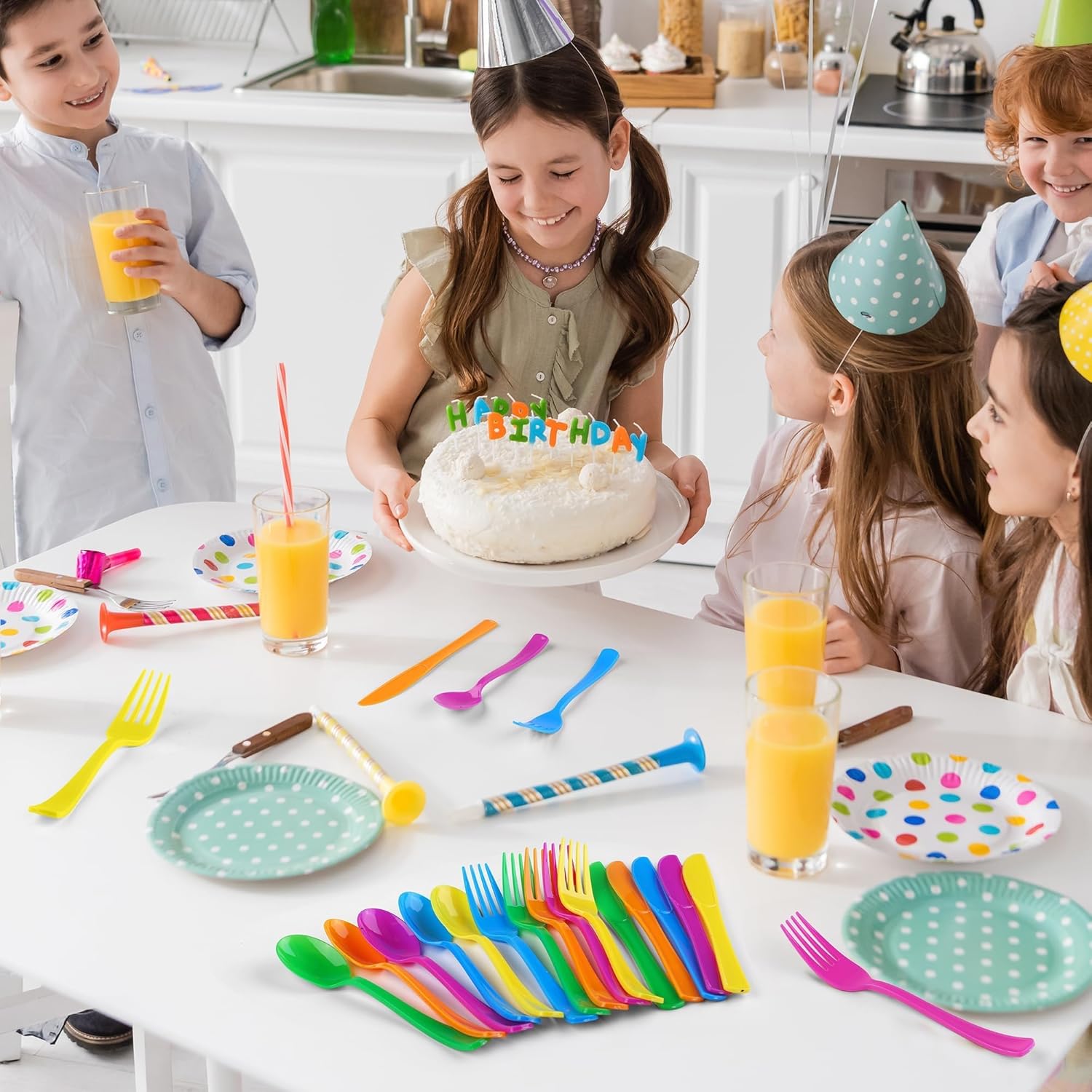 Kochorie 300 Pieces Graduation Rainbow Plastic Silverware, Disposable Colorful Utensils, Neon Plastic Silverware Cutlery Set Heavyweight Flatware Includes Spoons Forks Knives for Birthday Party Dinner