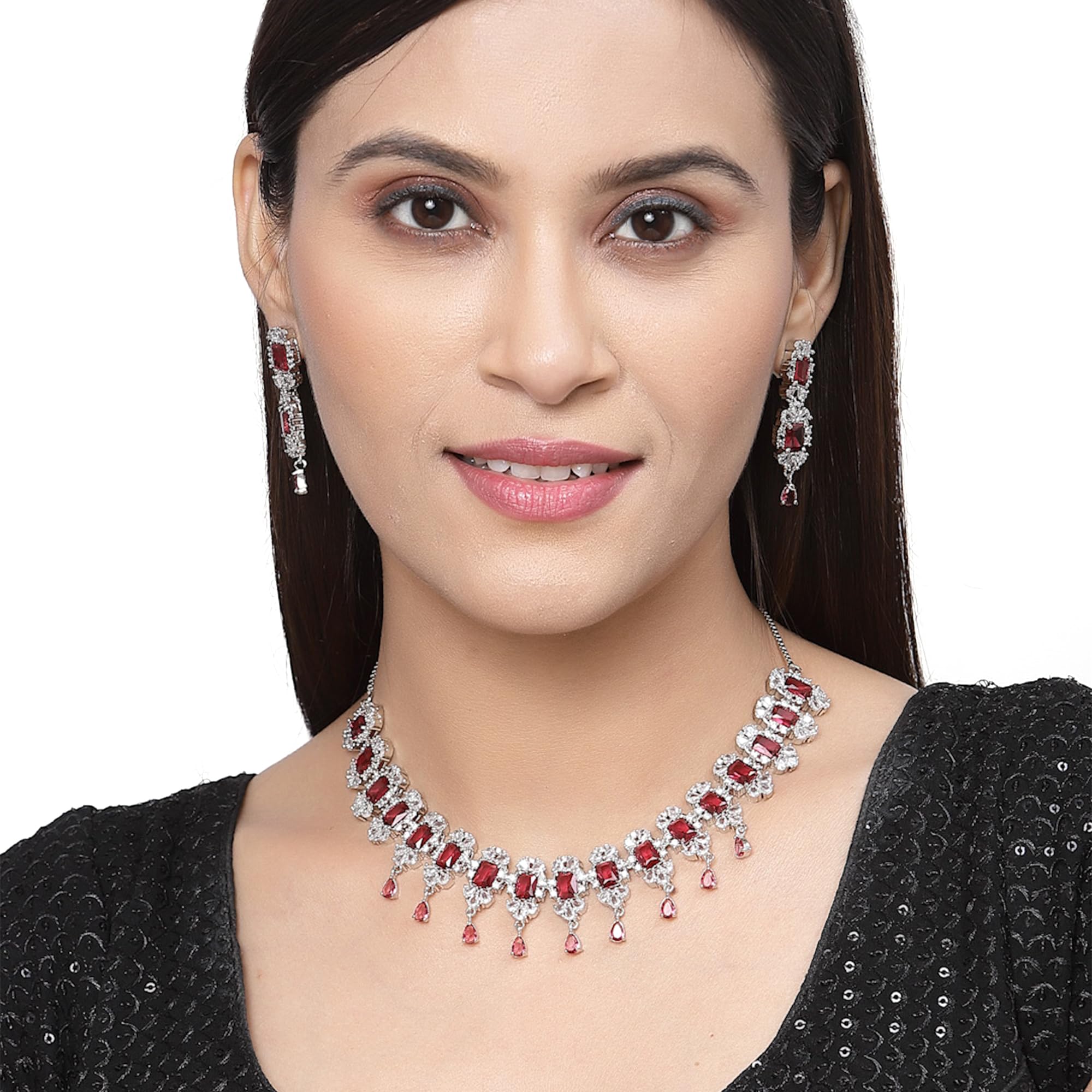Rhodium Plated Square Shaped Silver Toned American Diamond Necklace Set