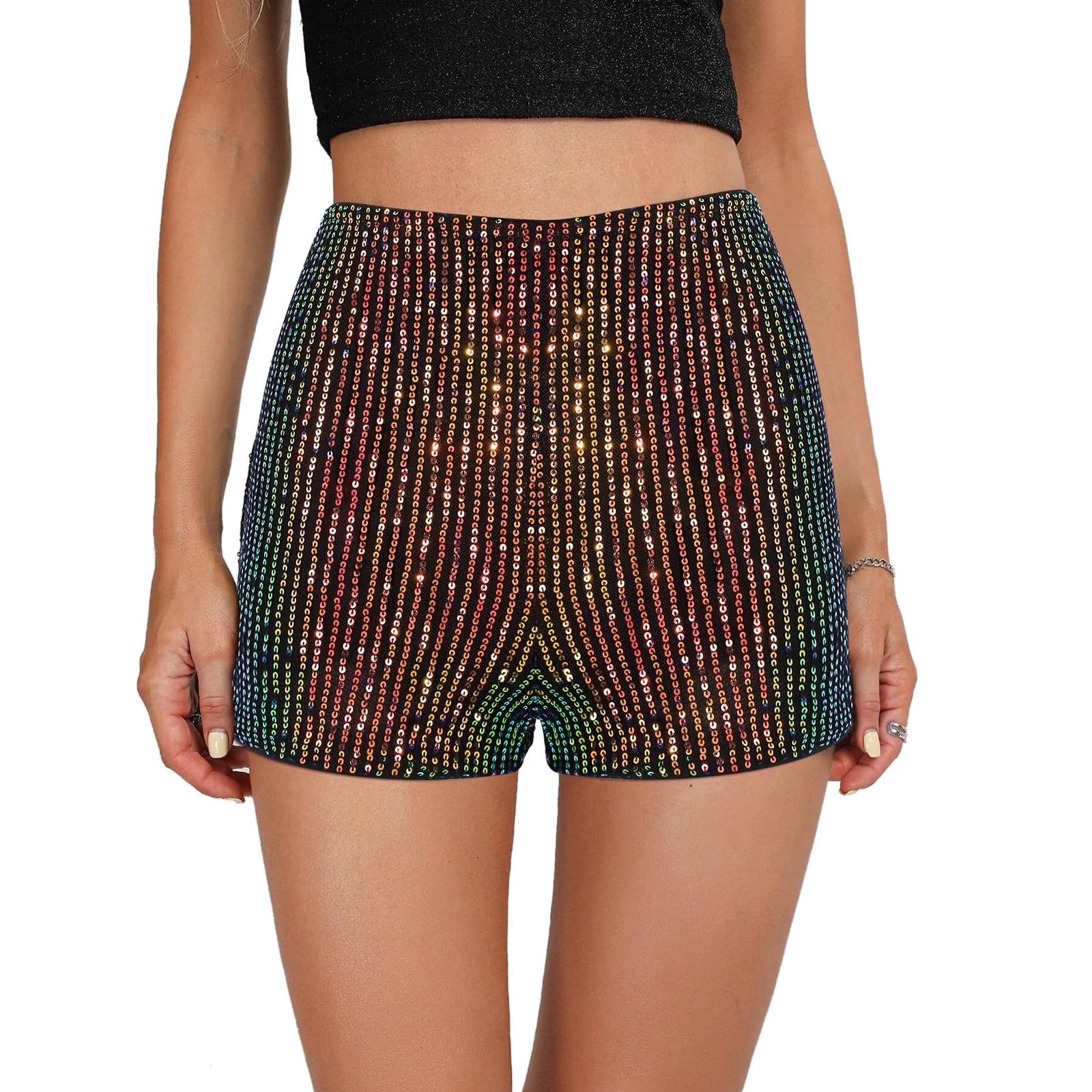 Damen-Shorts mit Pailletten, hohe elastische Taille, einfarbig, glitzernd, Party-Shorts Pailletten Short Damen Glitzer Short Karneval Kostüm Festival Rave Outfit Pailettenkleid