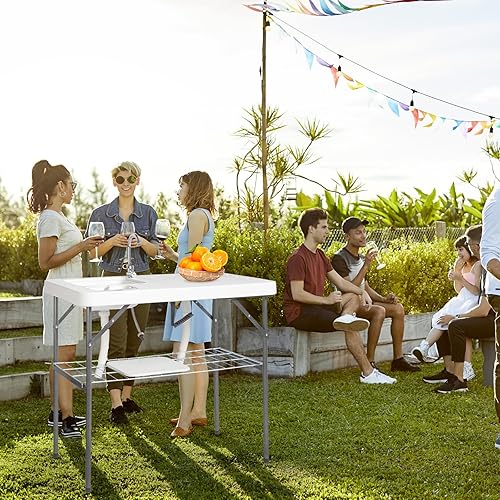 Miniatura 9 de Mesa portátil de limpieza de peces con 2 fregaderos, mesa de campamento plegable para picnic, estación de fregadero al aire libre con manguera,