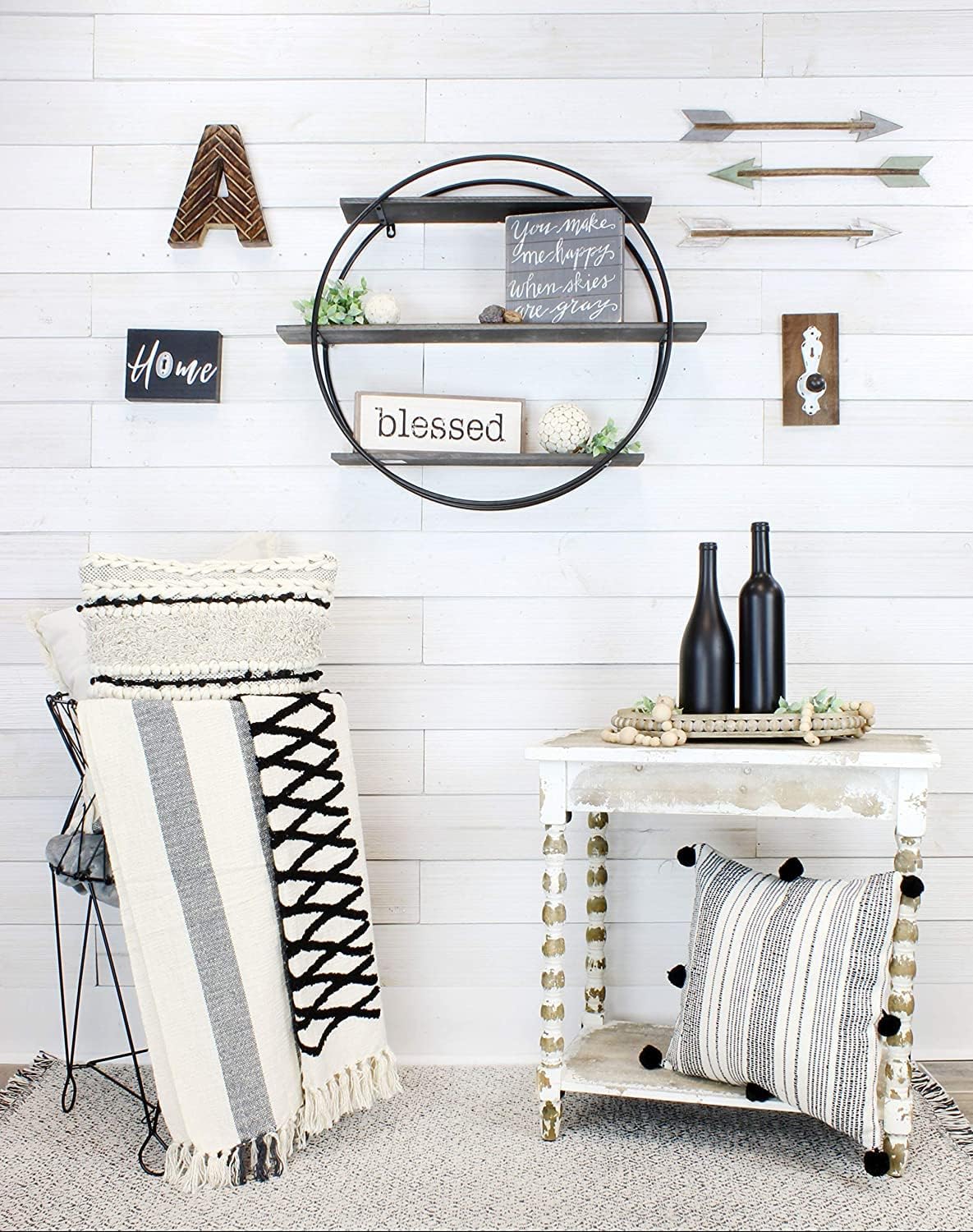 AuldHome Boho Farmhouse Throw Pillow Covers, 16 x 16 Black and Off White