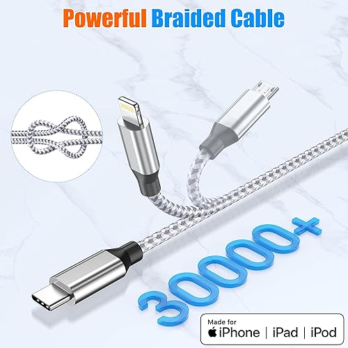 Miniatura 3 de Cable de Carga Múltiple de 4 pies, Paquete de 3 Cargadores USB 3 en 1, Puerto C Cable Cargador Múltiple para iPhone de Nylon Trenzado Apple MFi