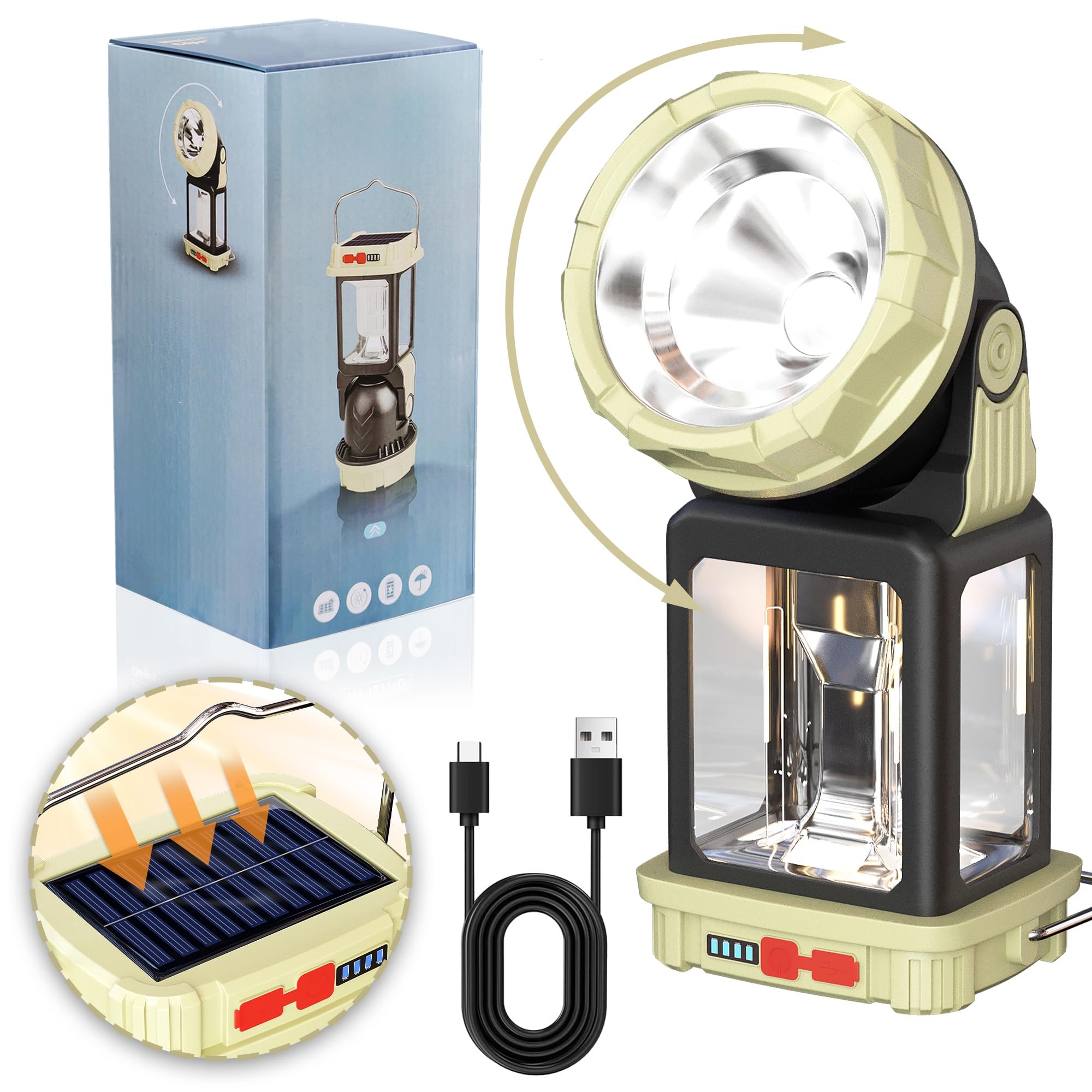 HOMY Electric Lanterns Solar Charging Gray-Green Camping Essentials LED Lights and Rechargeable Flashlight Headlight + Big Lights, 5 Light Mode Brighter Hanging Tent Lights Upgrade