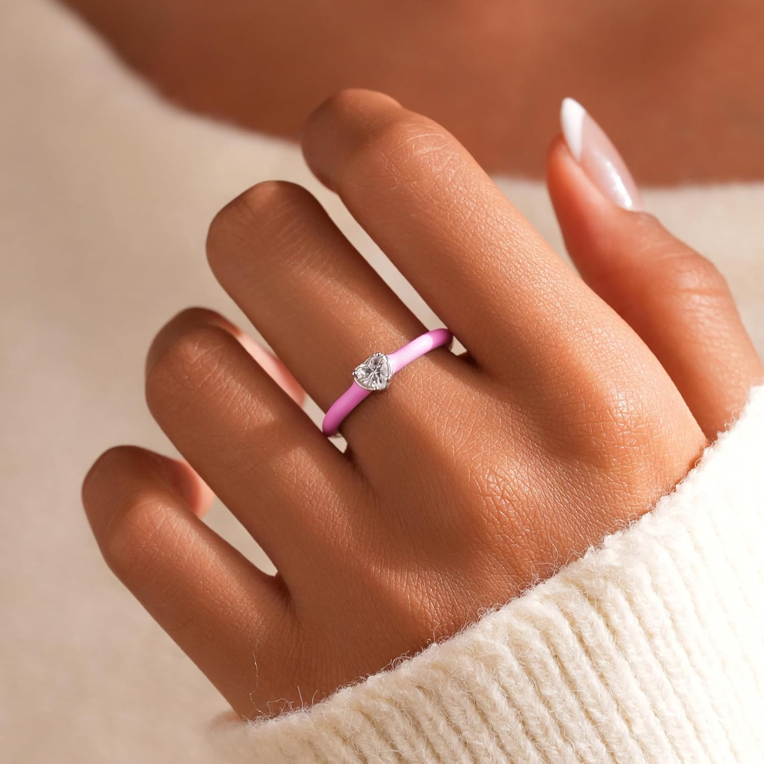 Enamel Heart Rings for Women 925 Sterling Silver Mother Daughter Friendship Ring Dainty CZ Promise Ring for Her Eternity Engagement Wedding Band Rings Jewelry Mothers Day Valentines Jewelry Gift - Image 2