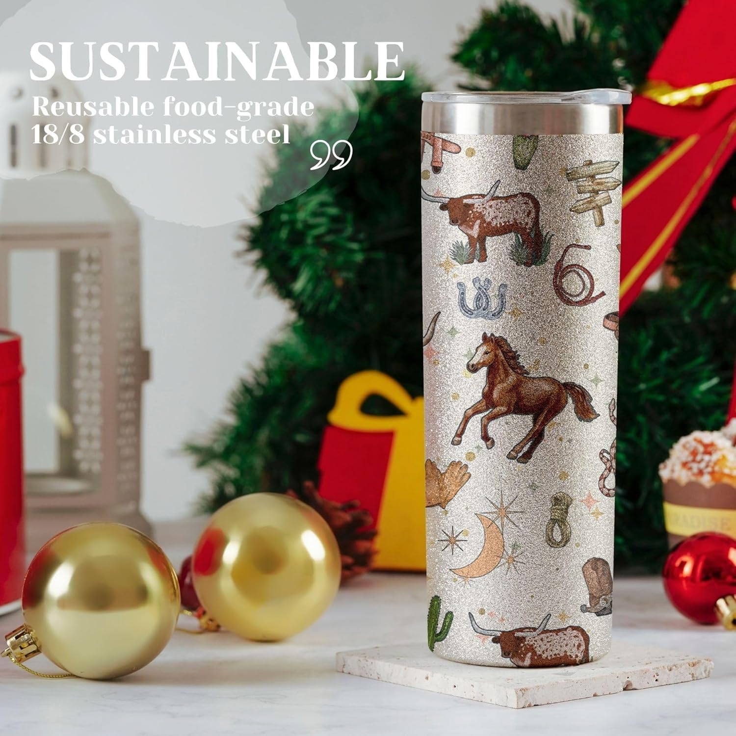 Onebttl Western Gifts For Women Men, Stainless Steel 20OZ Tumbler with Lid and Straw for Christmas, Thanksgiving, Birthday - Pattern - Glitter - Image 6