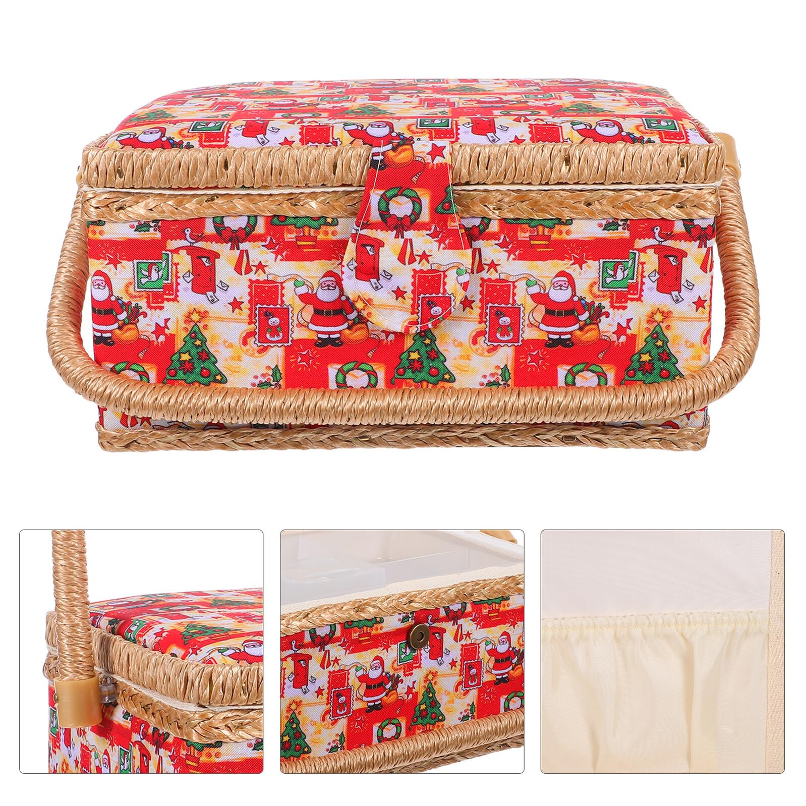 GALPADA Cesta de Costura Portátil Grande con Bordado Navideño Cesta para Accesorios de Costura y Telas Organizador con Asa Resistente para Almacenamiento y Transporte
