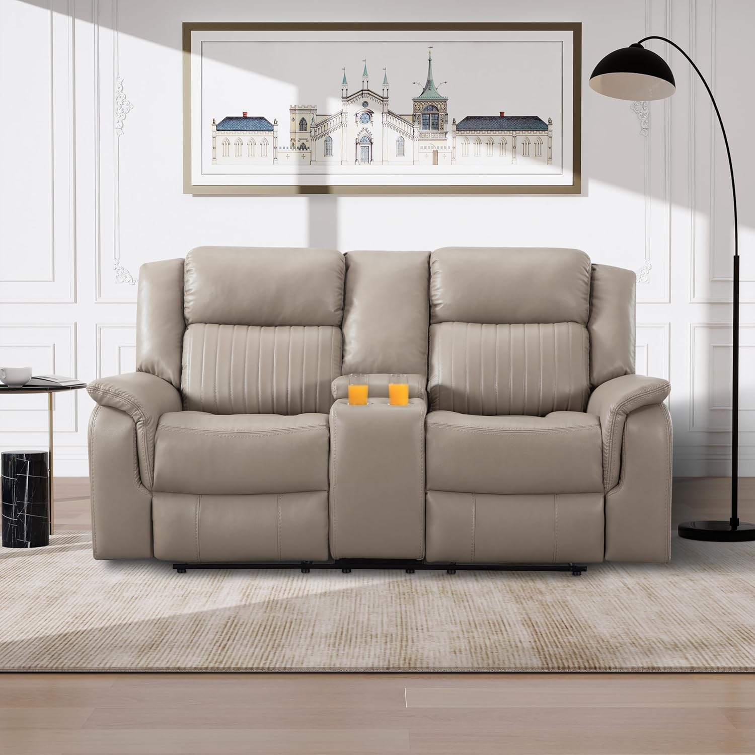 Sofa PU Leather Recliner Loveseat with Console Slate, Cup Holder, Double Recliner 2-Seater for Living Room Theater Seating Rv Furniture, (Black)…