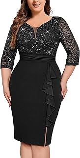 Women's Plus Size Sequined Lace V Neck Ruffle Split Hem Wedding Party Bo...