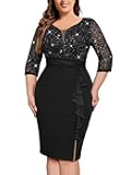 Women's Plus Size Sequined Lace V Neck Ruffle Split Hem Wedding Party Bodycon Cocktail Dress