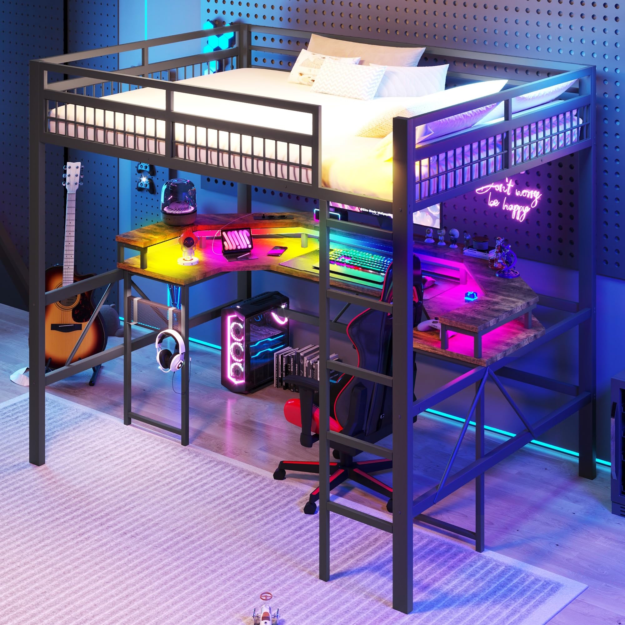 Cama alta con escritorio en acabado bicolor hierro y MDF con puertos de carga tipo C