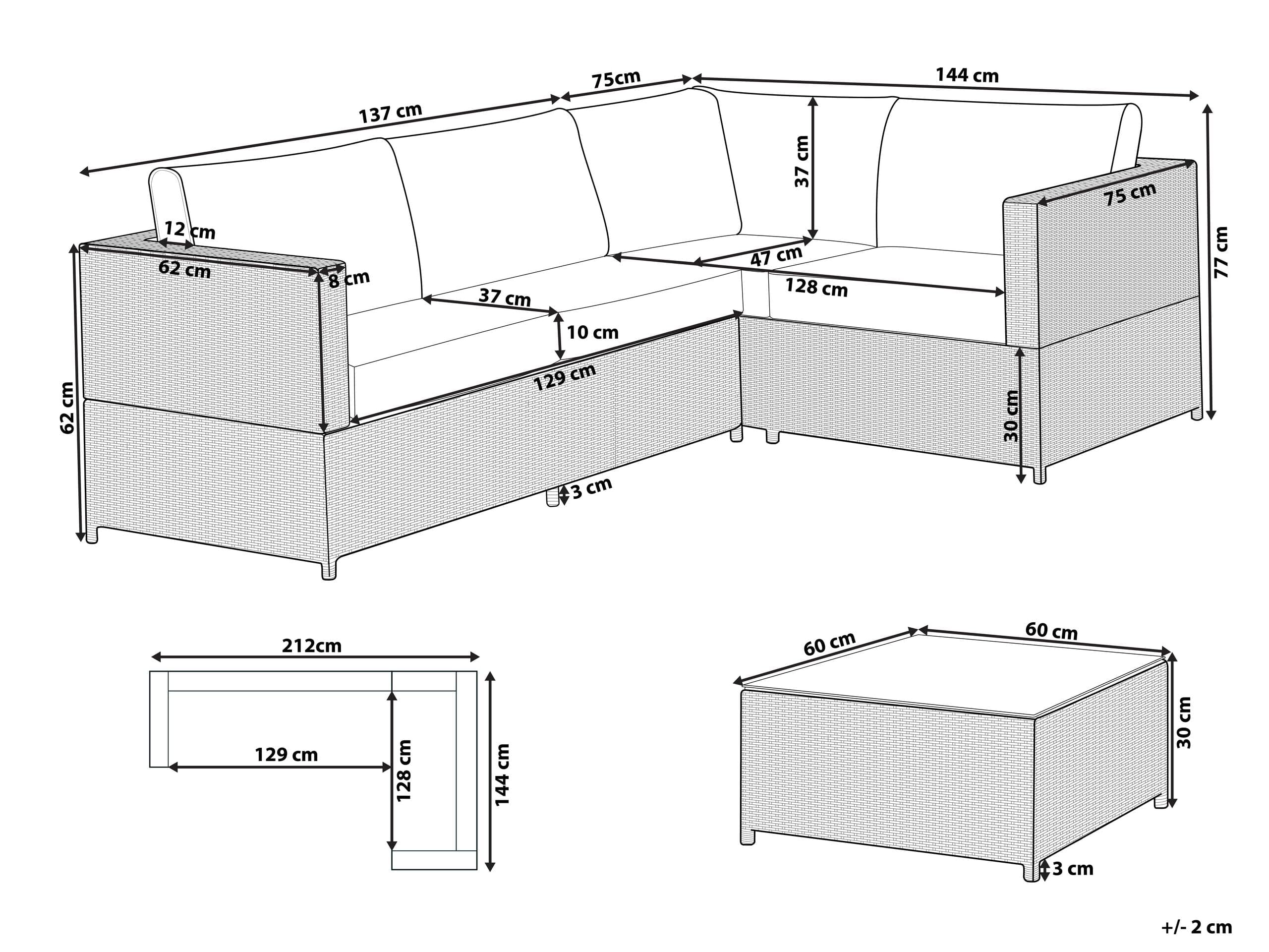 4-Sitzer Lounge Set Rattan grau Ecksofa mit Tisch Auflagen dunkelgrau Avola