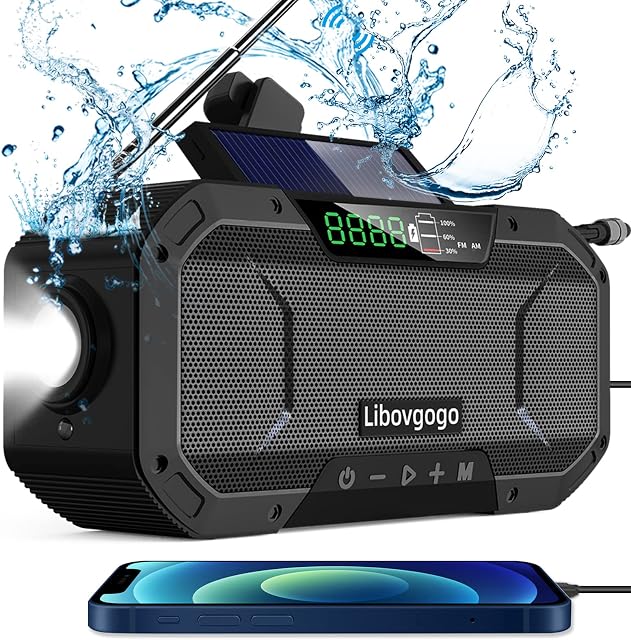 Emergency Radio Waterproof Camping Radio,Portable Digital AM FM Radio with Flashlight,Reading Lamp,Hand Crank Wind Up Radio with Solar Panel,5000mAH Cell Phone Charger,Outdoor Survival Gadget