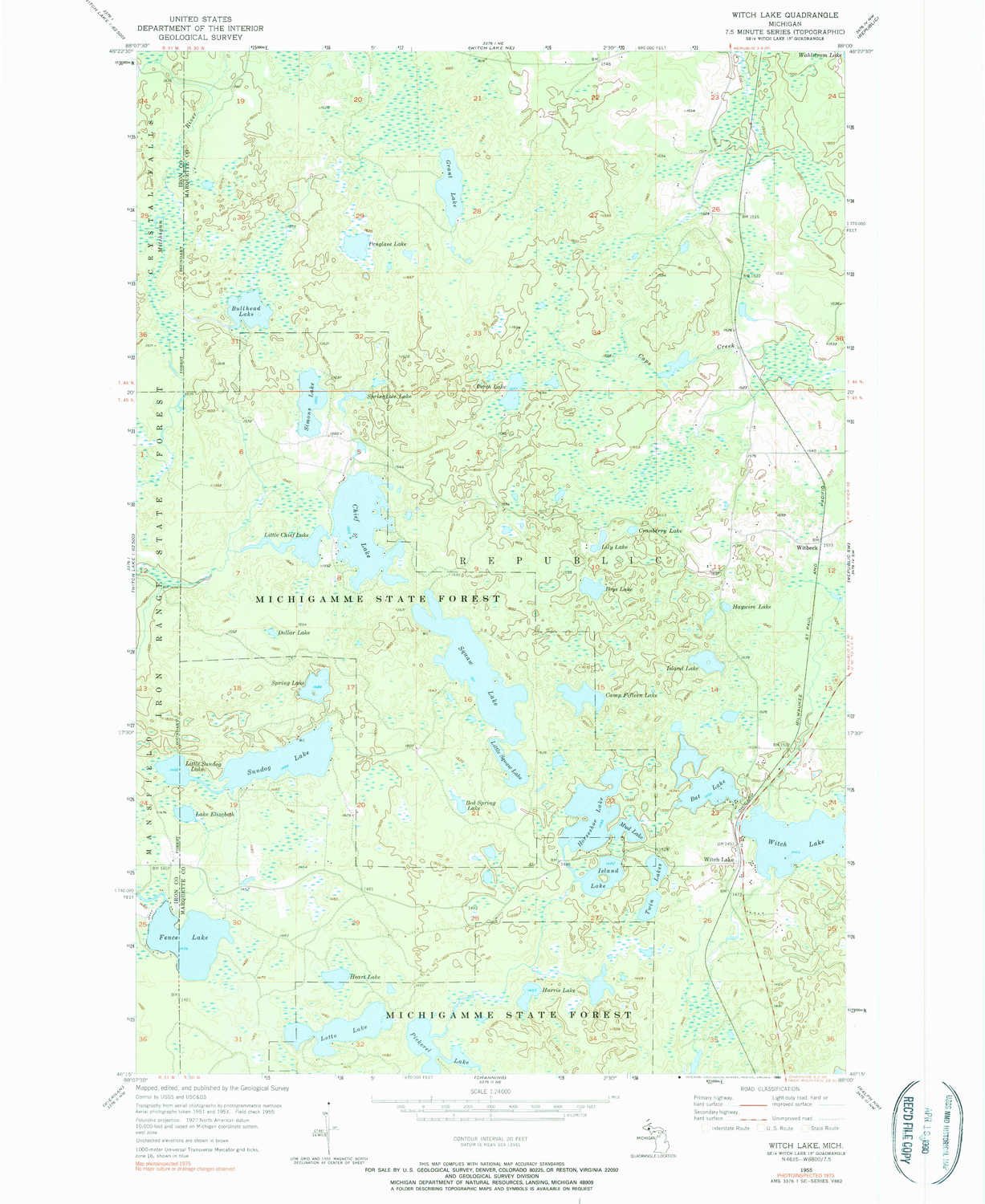 Witch Lake MI topo map, 1:24000 Scale, 7.5 X 7.5 Minute, Historical, 1955, Updated 1990, 26.8 x 21.9 in