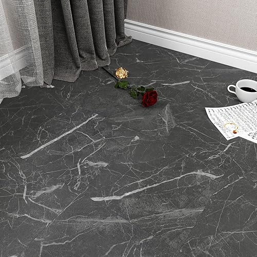 Miniatura 7 de WESTICK Azulejos de suelo de color negro claro para baño, azulejos de cocina para despegar y pegar, azulejos de mármol impermeables para dormitorio,