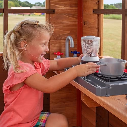Miniatura 5 de Backyard Discovery Echo Heights - Casa de juegos elevada de madera de cedro para niños con tobogán ondulado, cocina de juegos, cubierta envolvente,