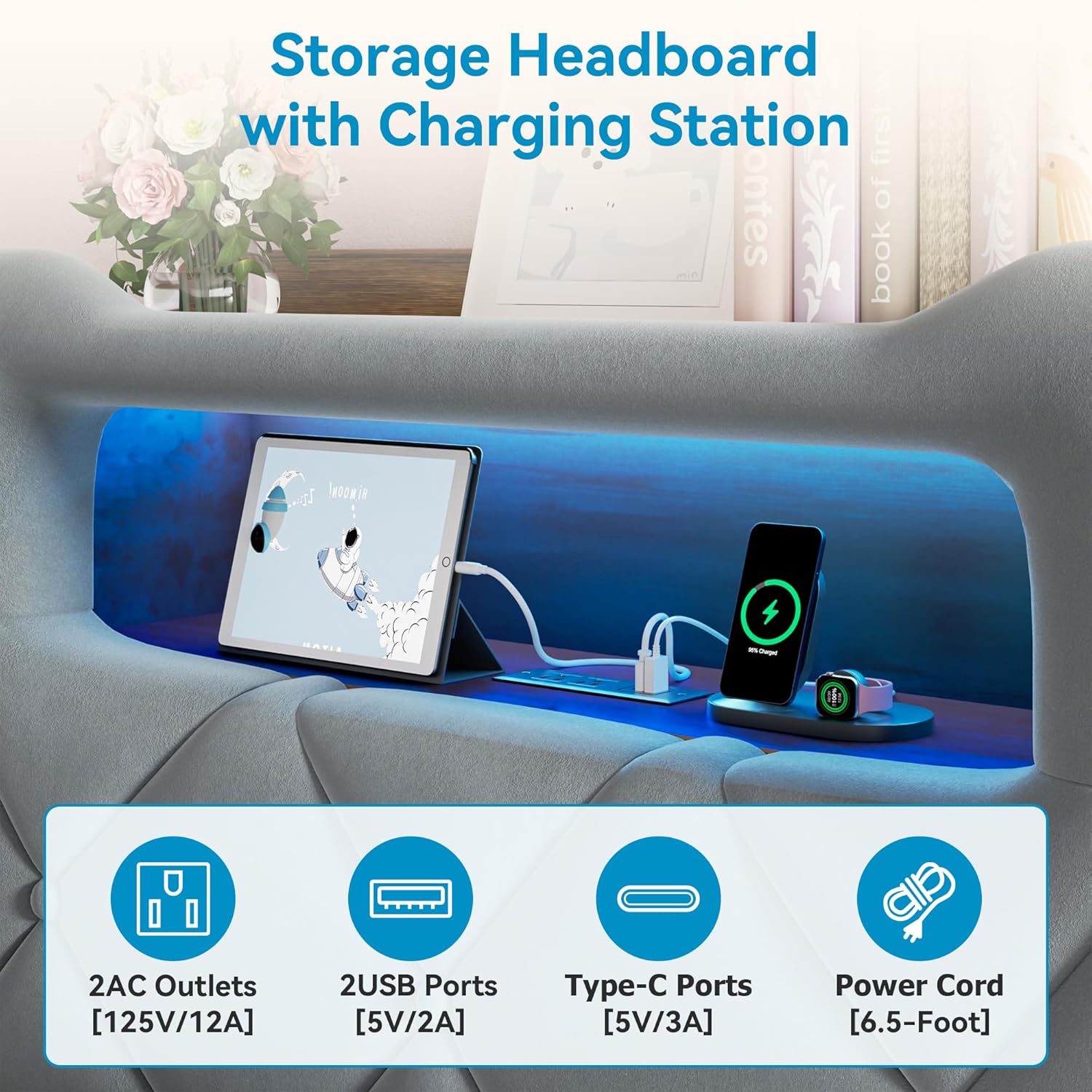 Twin Upholstered LED Bed Frame with 2 Storage Drawers and 2-Tier Storage Bookcase Headboard, Velvet Platform Bed for Kids/Girls/Boys, Heavy Duty Metal Support, No Box Spring Needed, Grey - Image 6