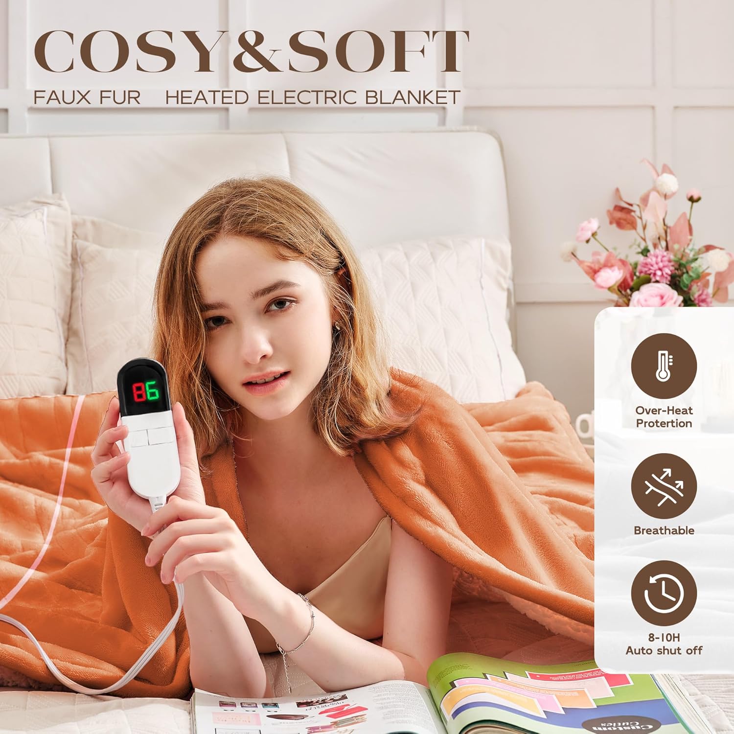 Heated Throw Blanket 50"×60" - Premium Cosy Soft Electric Blanket with 6 Heating Levels,Fast Heating Flannel Sherpa Blanket for Bed & Couch - Auto Shut Off/Machine Washable (Orange) - Image 2