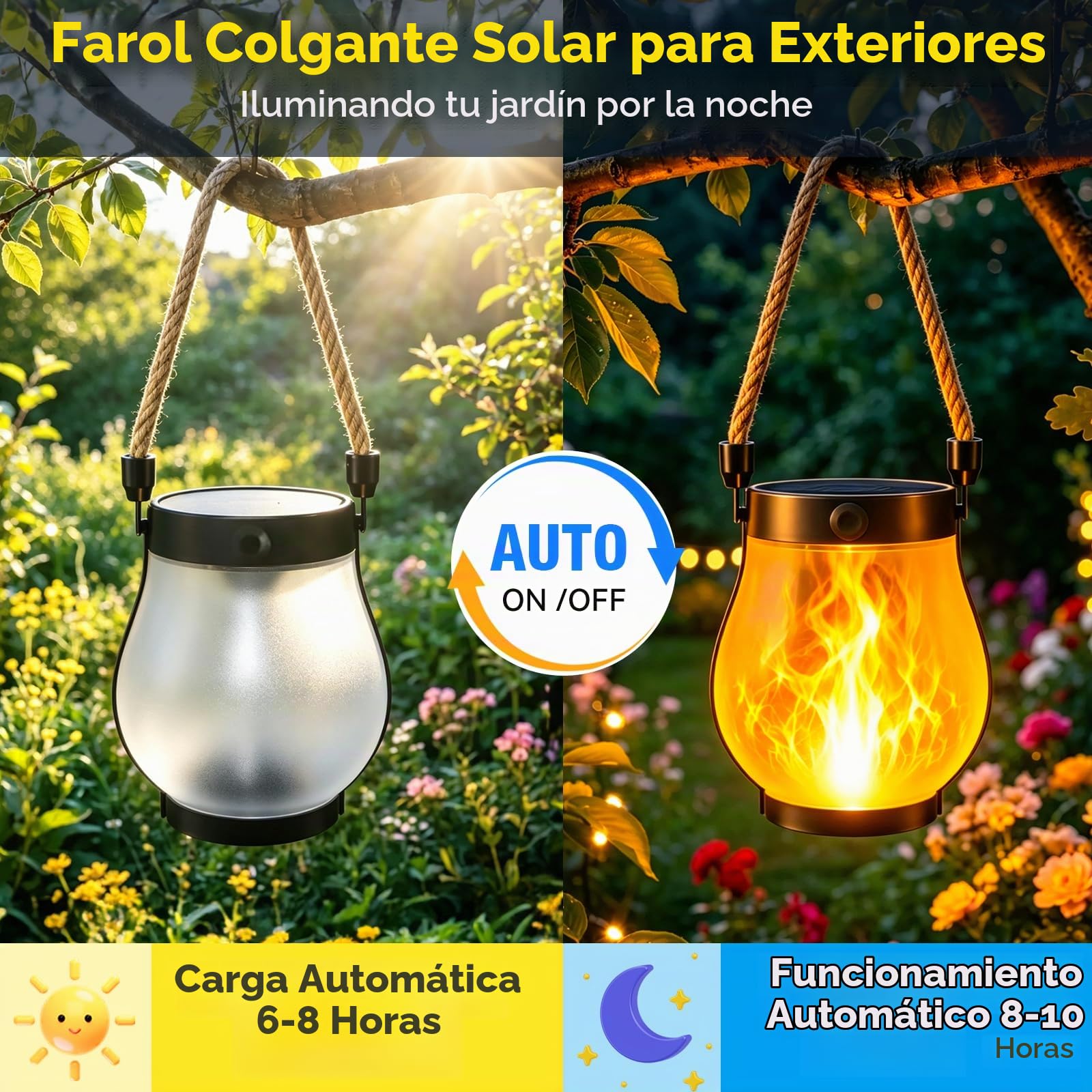 Paquete De 2 Linternas Solares Exteriores, Luces Jardín LED Impermeables Llama Danzante, Cuerda Cáñamo Doble USB Solar Para Patio Jardín Decoración Regalo Cumpleaños