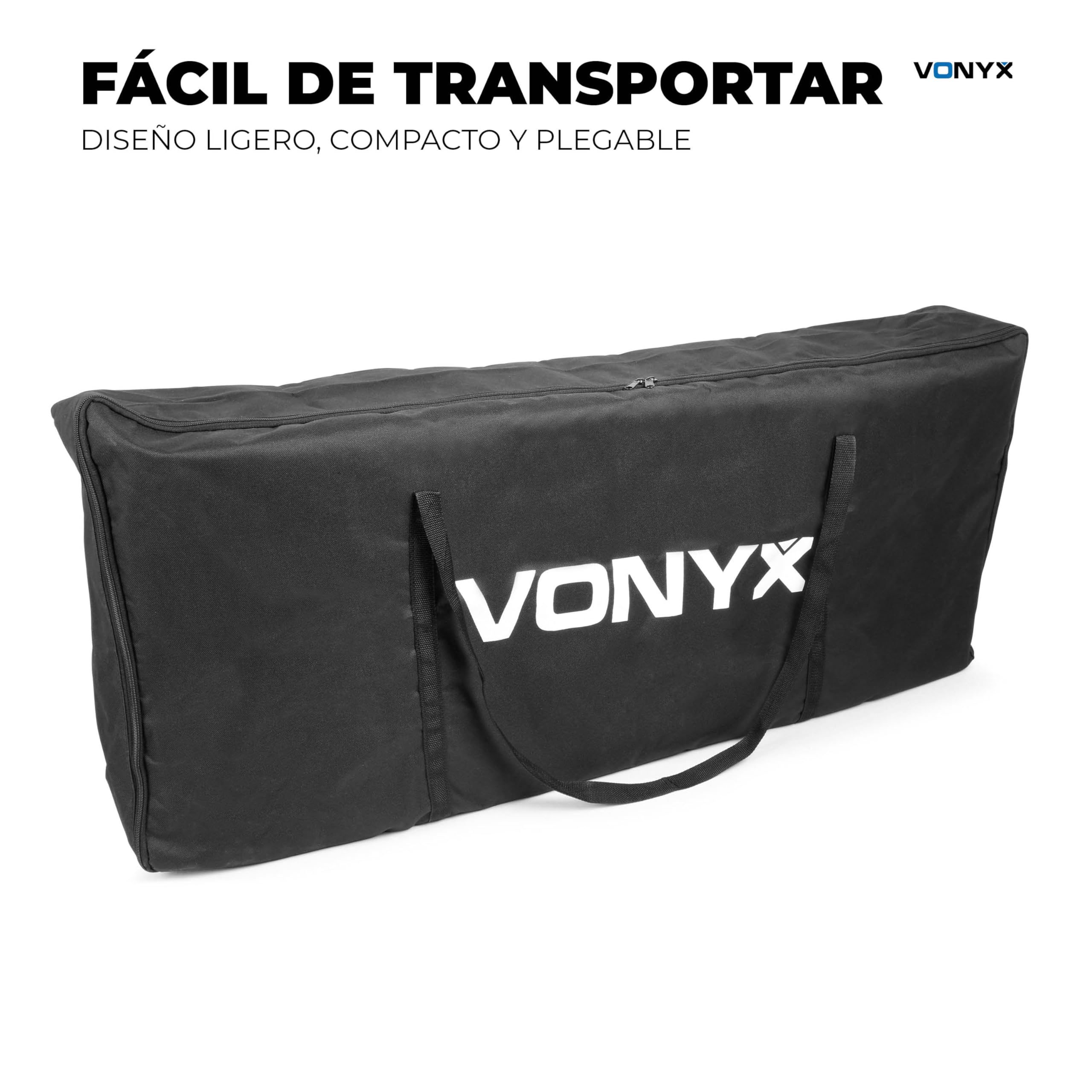Vonyx DBF105 – Cabina DJ Plegable de 1 Metro con Estructura de Aluminio Fundas Lycra Blanca y Negra repisa Inferior pasacables y Bolsa de Transporte Resistente para DJs móviles